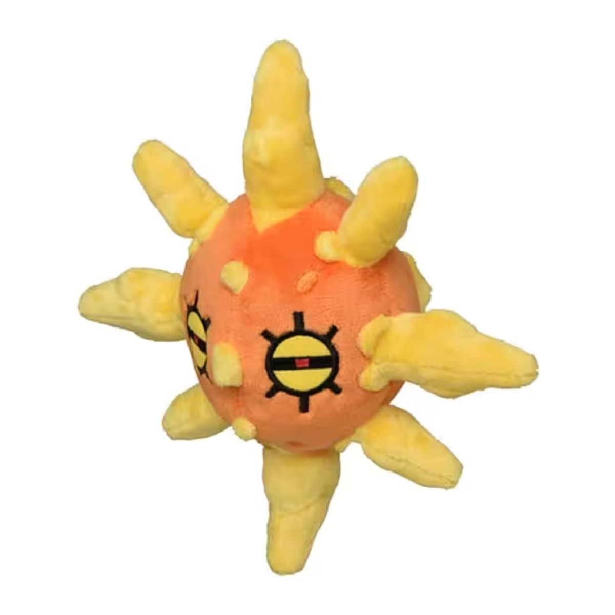 Ein Solgaleo-Plüschtier. Es hat einen runden, orangefarbenen Körper mit gelben Sonnenstrahlen und schwarzen augenähnlichen Symbolen. Der Hintergrund ist weiß.