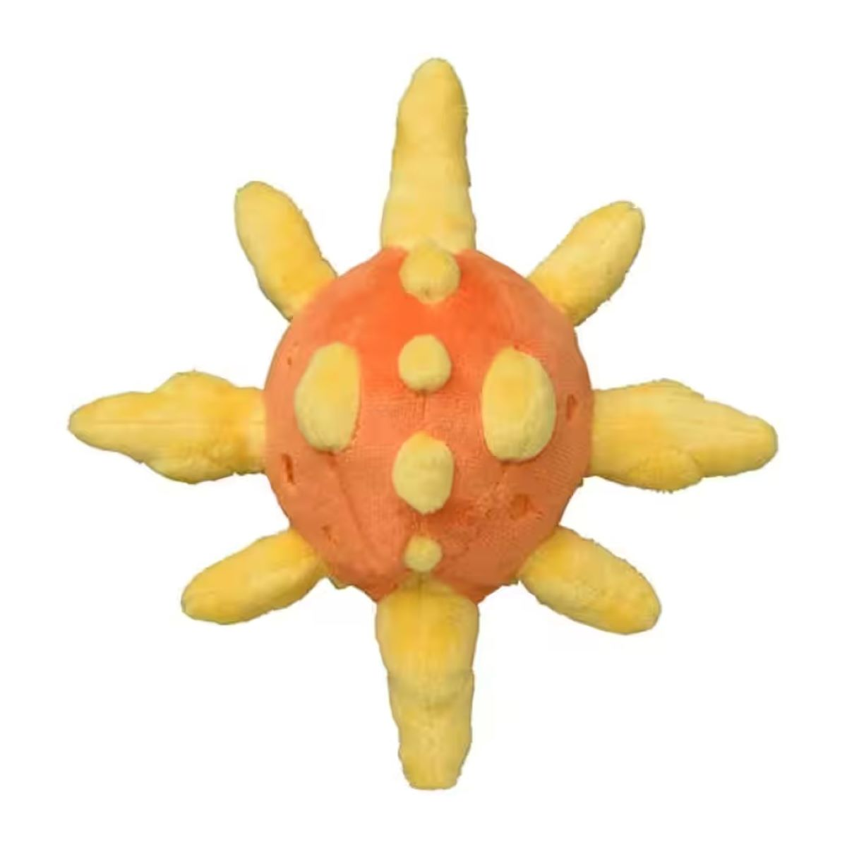 Ein Plüschtier in Form einer Sonne mit orangefarbener Mitte und gelben Strahlen. Es hat gelbe Flecken auf dem Körper.