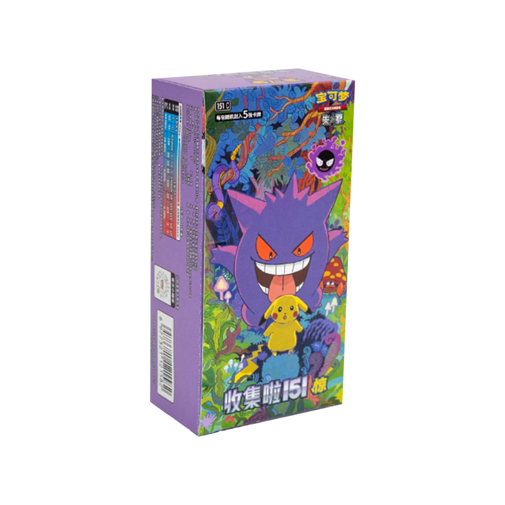Eine lila Box mit Pokémon-Charakteren, darunter Gengar und Pikachu. Text auf Chinesisch. Bunter Hintergrund mit Pflanzen.