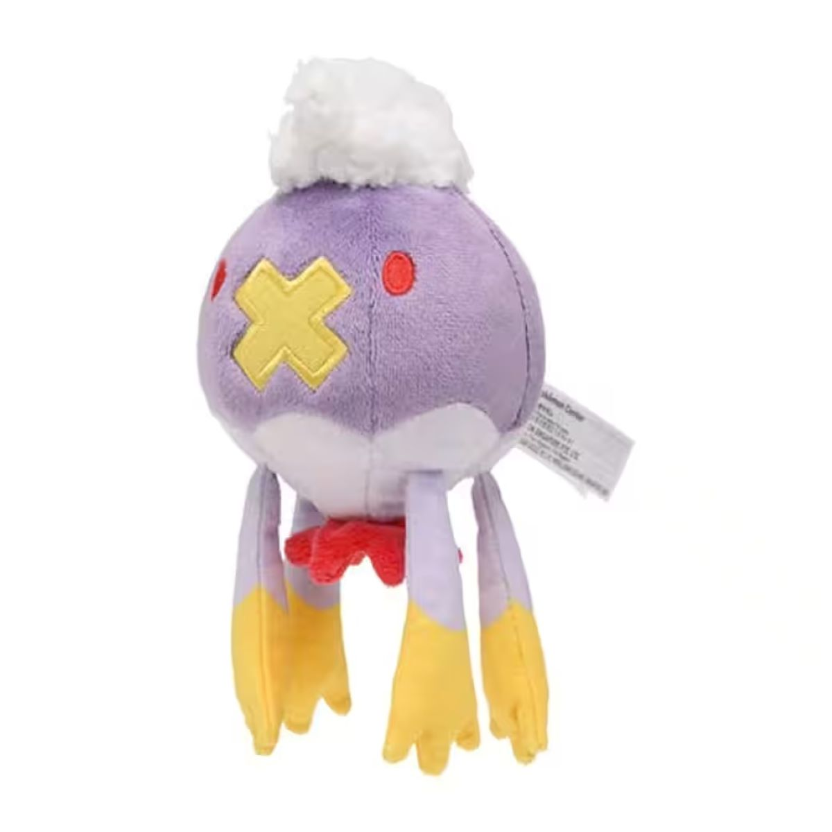 Ein Drifloon-Plüschtier, lila Körper, gelbe Kreuzaugen, rote Akzente und ein weißer, flauschiger Kopf. Es hat gelbe Füße und eine rote Fliege.