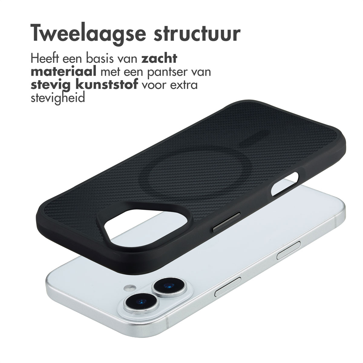 Zwarte telefoonhoes over een zilveren telefoon. De hoes is gestructureerd. Bovenstaande tekst luidt 'Twee-laags structuur'.