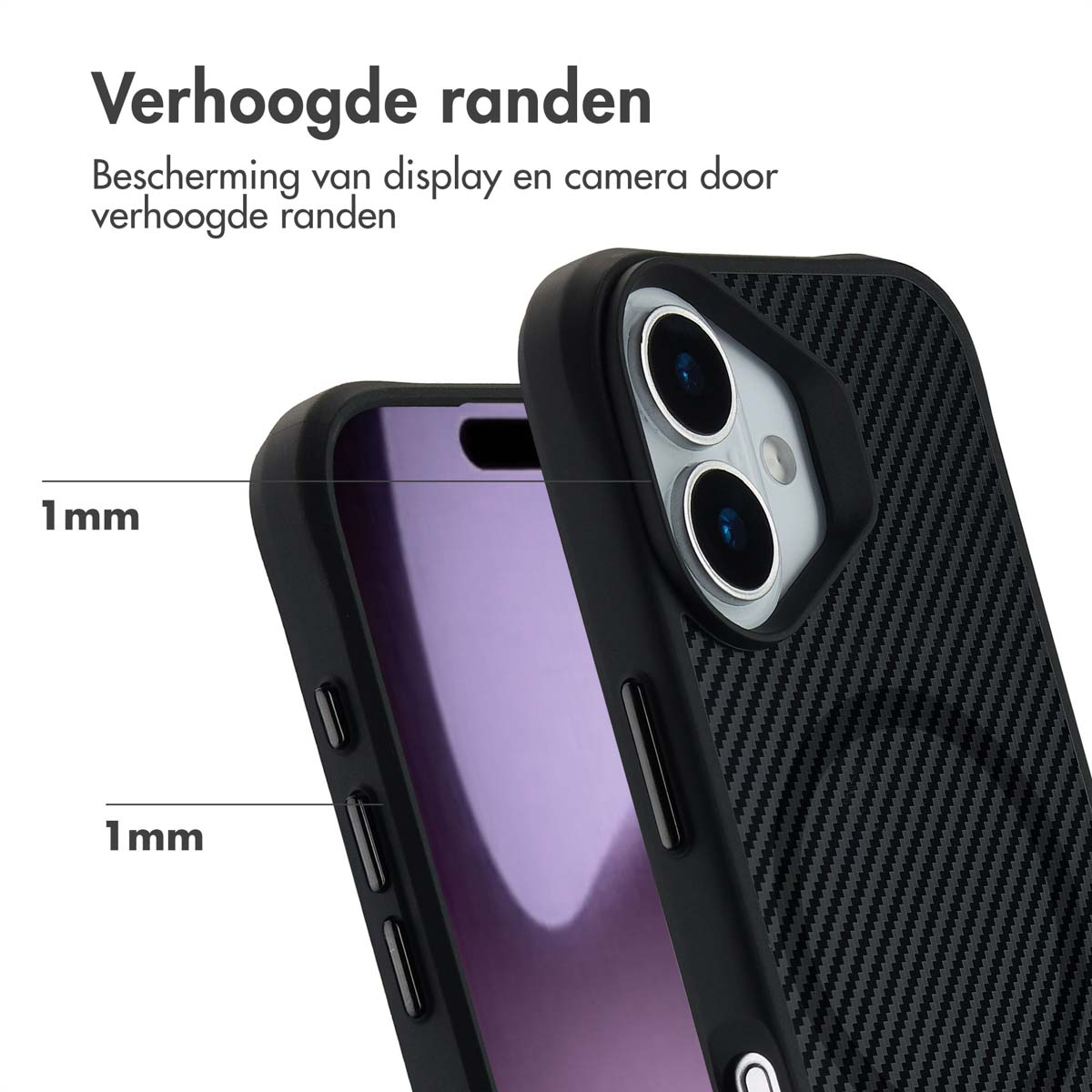 Een zwarte telefoonhoes met verhoogde randen. De hoes heeft een getextureerde achterkant en omringt de camera en het scherm.