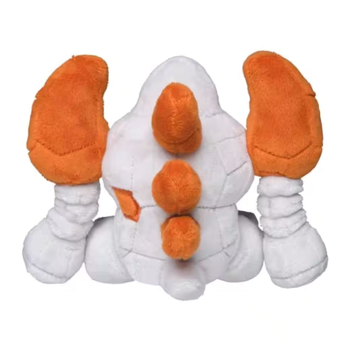 Weißes Stofftier mit orangefarbenen Akzenten, das einem Geschöpf mit großen orangefarbenen Ohren, orangefarbenen Kugeln auf dem Rücken und weißen Beinen und Füßen ähnelt.