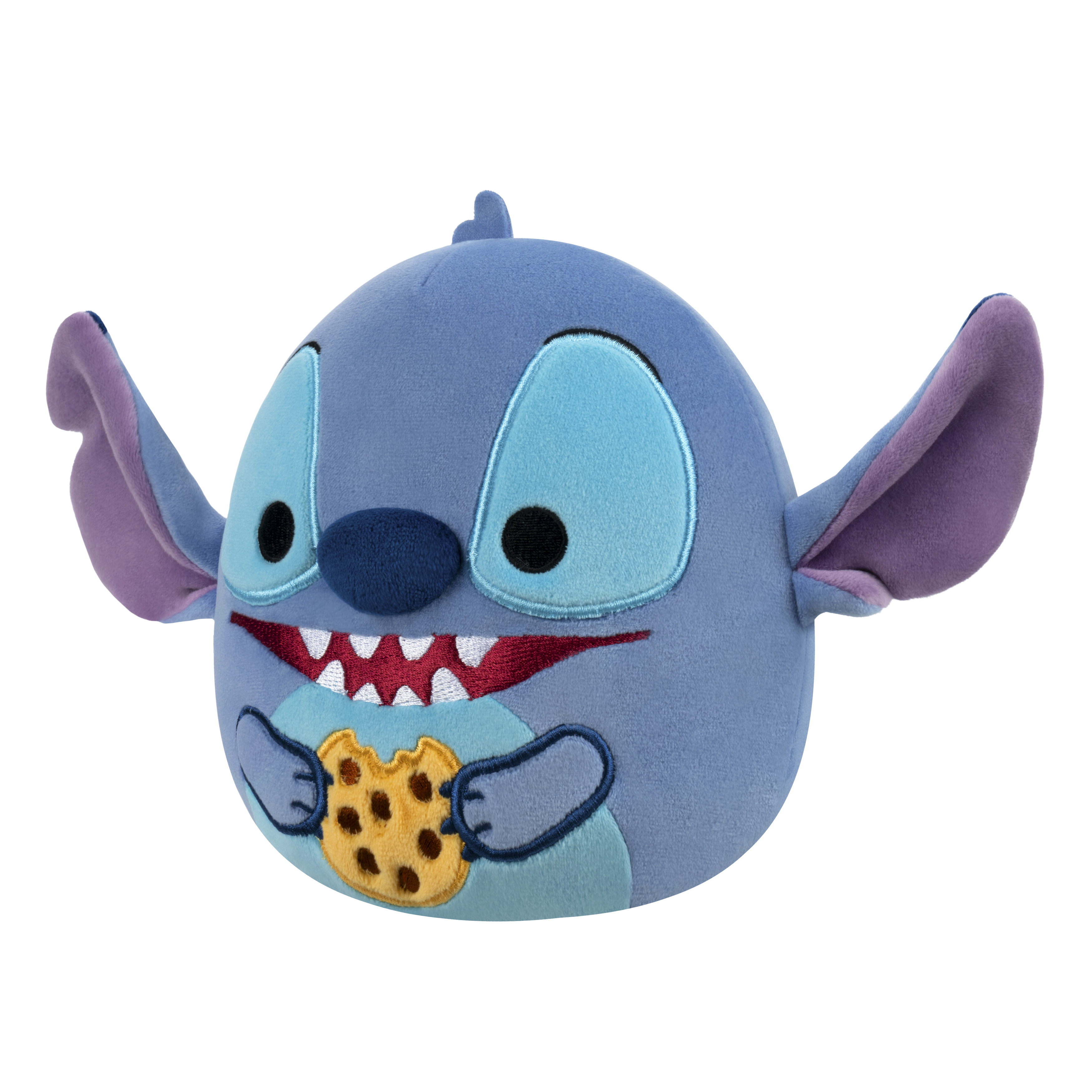 Blaues Stitch-Plüschtier mit großen Ohren, hält einen Keks, weiße Zähne und große Augen. Der Hintergrund ist weiß.