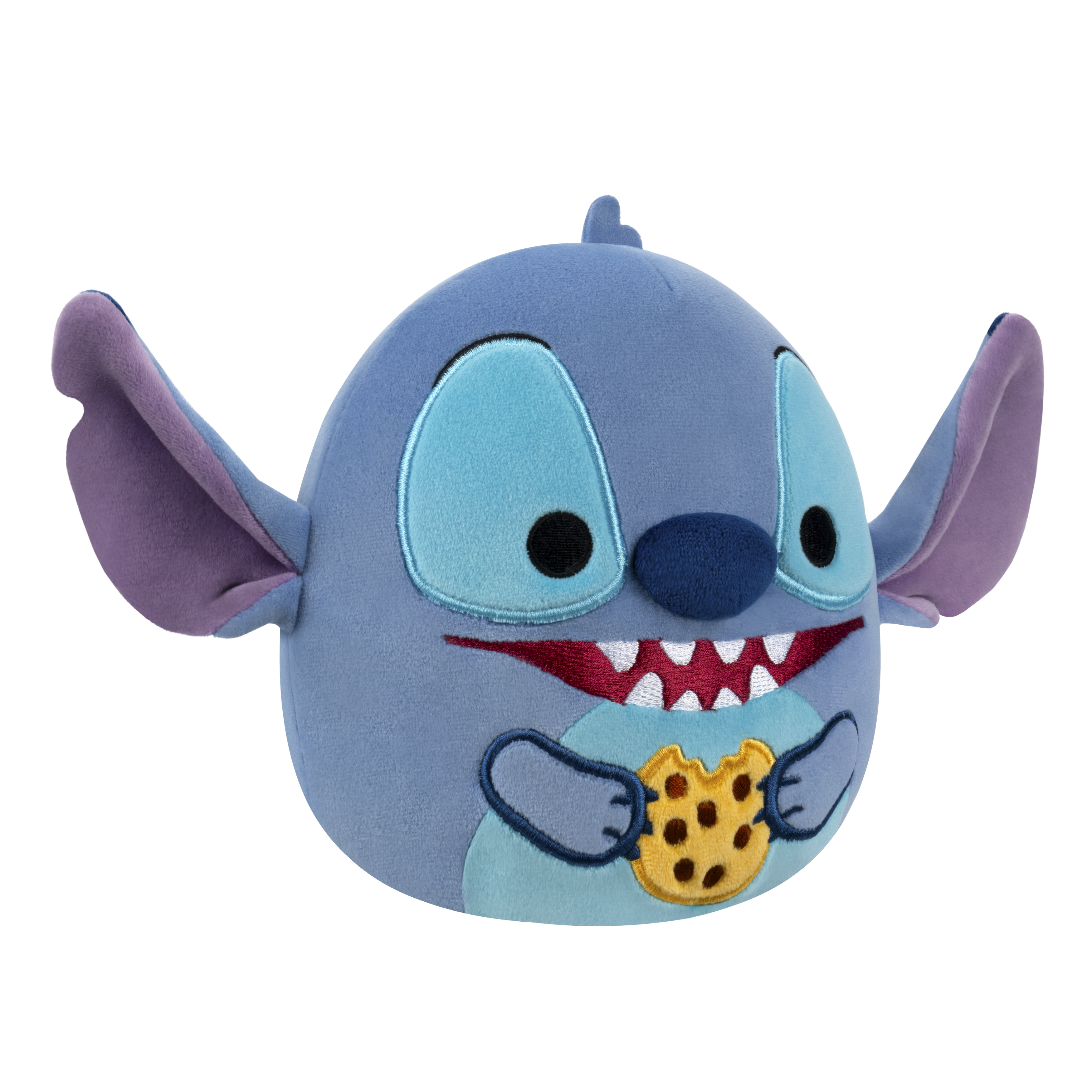 Ein blaues Stitch-Plüschtier mit großen Ohren und einem Keks in den Händen. Es hat ein breites Lächeln und schwarze Augen.