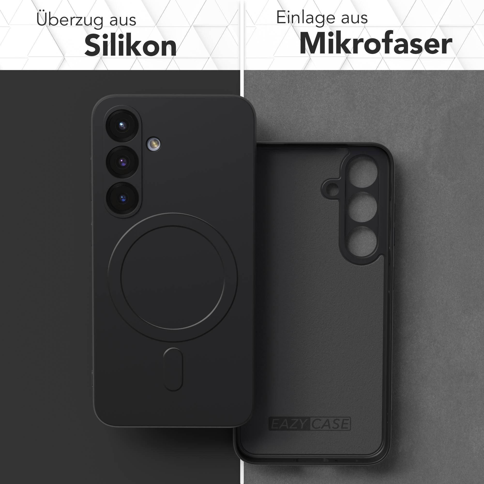 Schwarze Handyhülle mit Silikonaußenseite und Mikrofaserinnenseite. Die Hülle hat einen Kameraausschnitt und einen Magnetkreis.