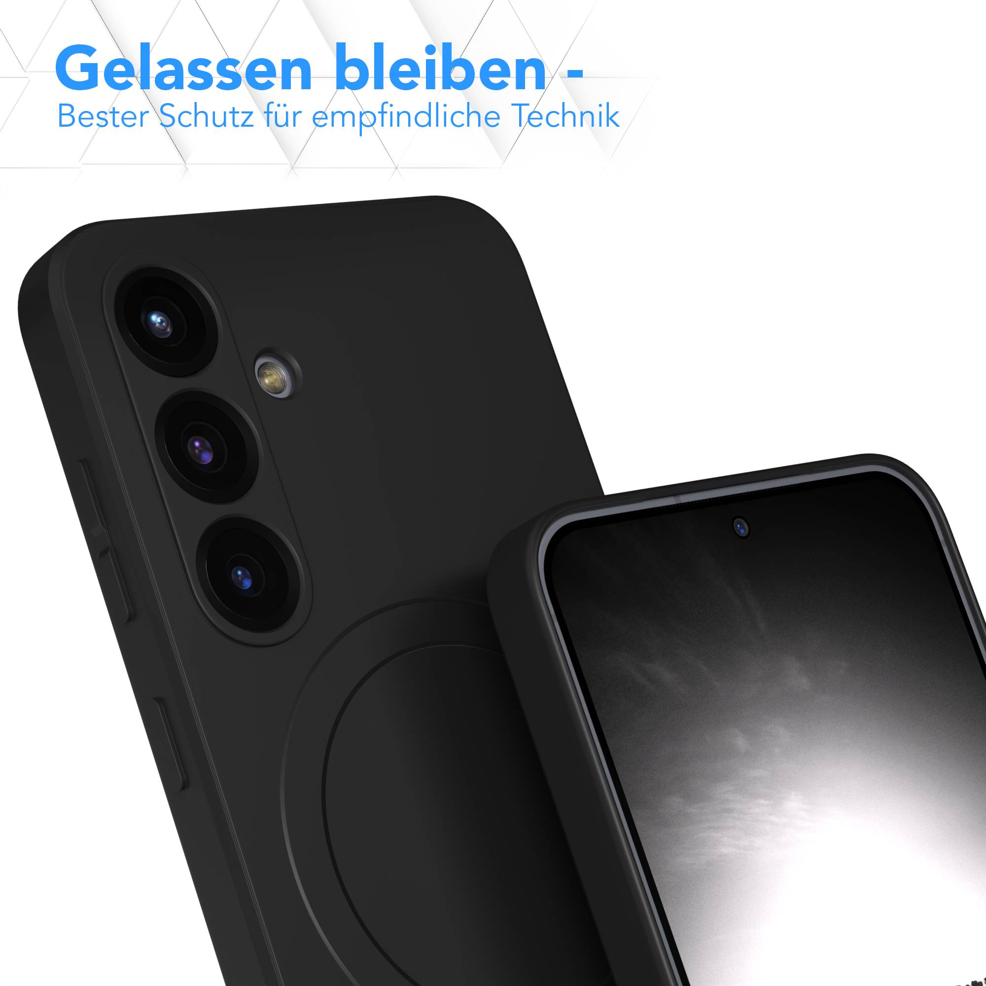 Schwarze Smartphone-Hülle mit Telefon. Der Text oben lautet "Gelassen bleiben - Bester Schutz für empfindliche Technik".