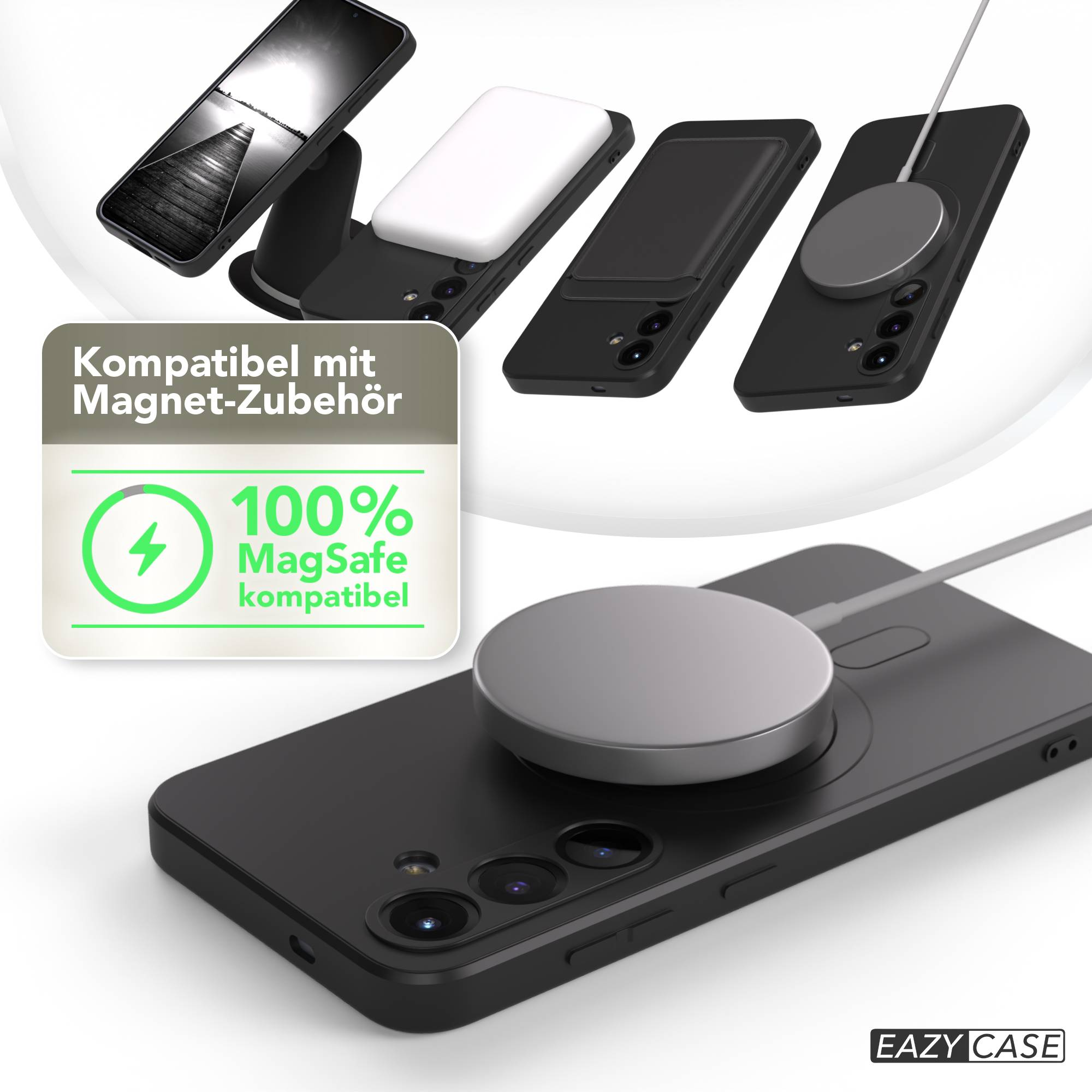 Das Bild zeigt schwarze Telefonhüllen mit MagSafe-Zubehör. Ein Schild sagt 100% MagSafe-kompatibel.