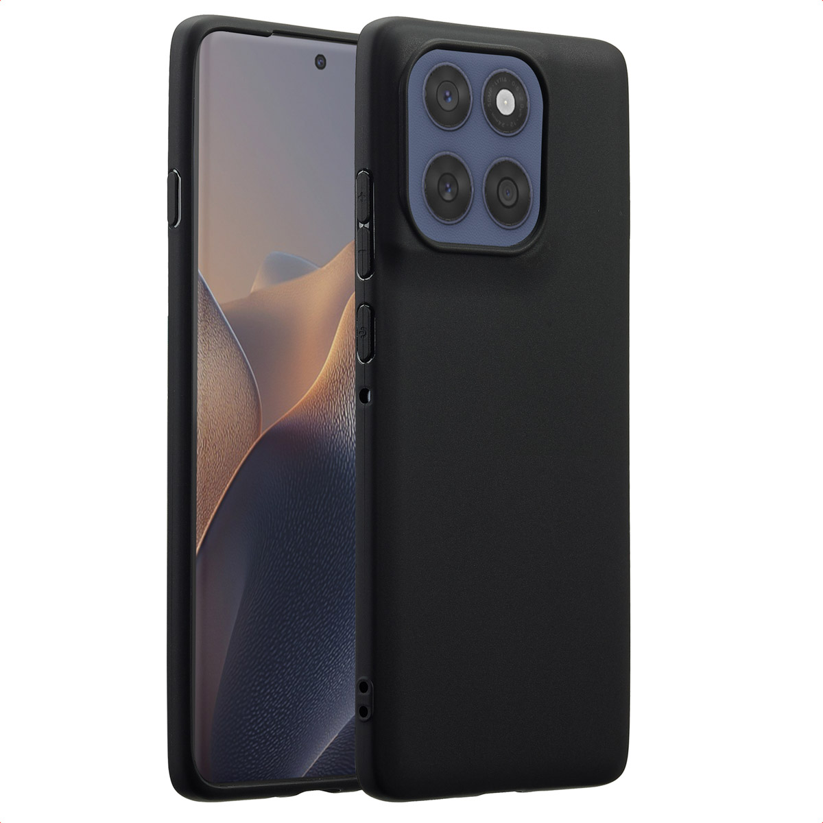Due custodie nere per telefono, una con un telefono dentro. Il telefono ha un display con un'immagine di paesaggio. Sfondo bianco.
