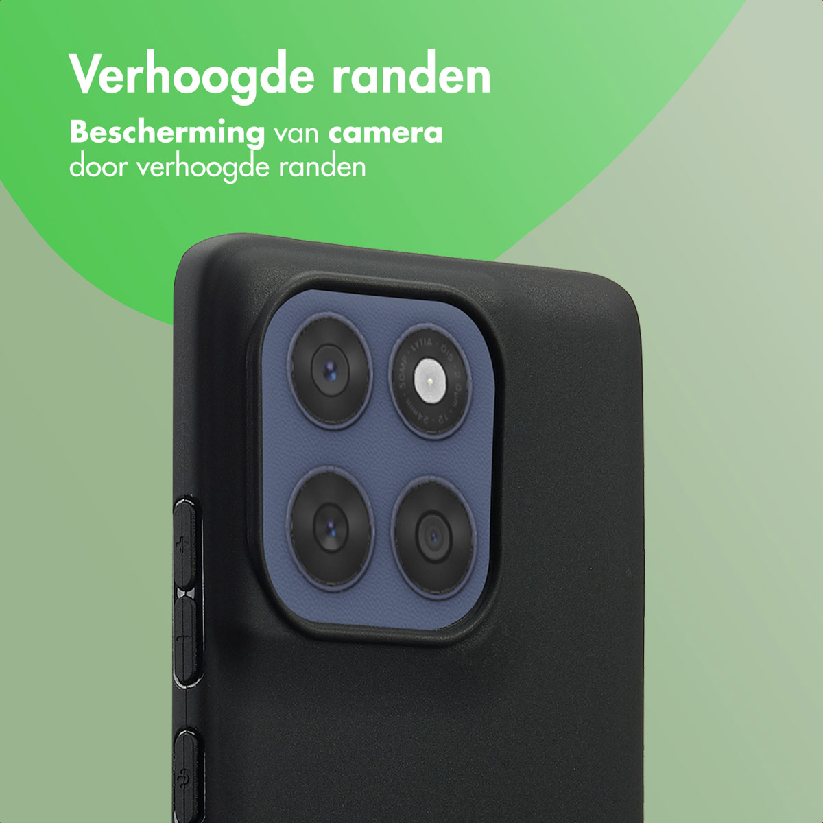 Custodia nera per telefono con lenti della fotocamera. Testo olandese: 'Bordi rialzati' e 'Protezione fotocamera'.