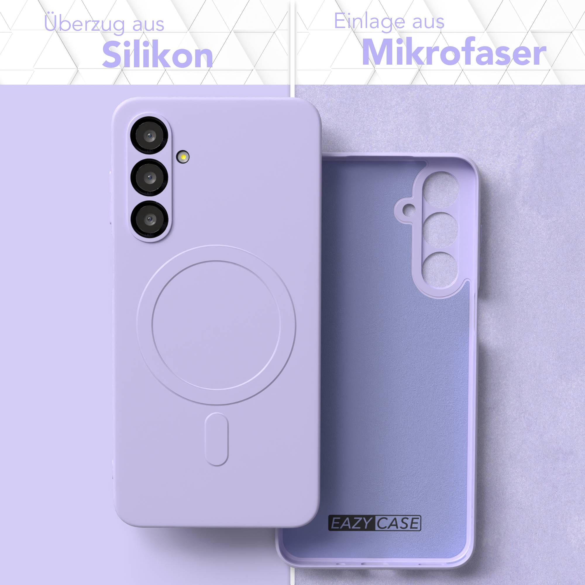 Eine lilafarbene Handyhülle mit einem Telefon darin und eine separate Innenhülle. Der Text lautet 'Silikon' und 'Mikrofaser'.
