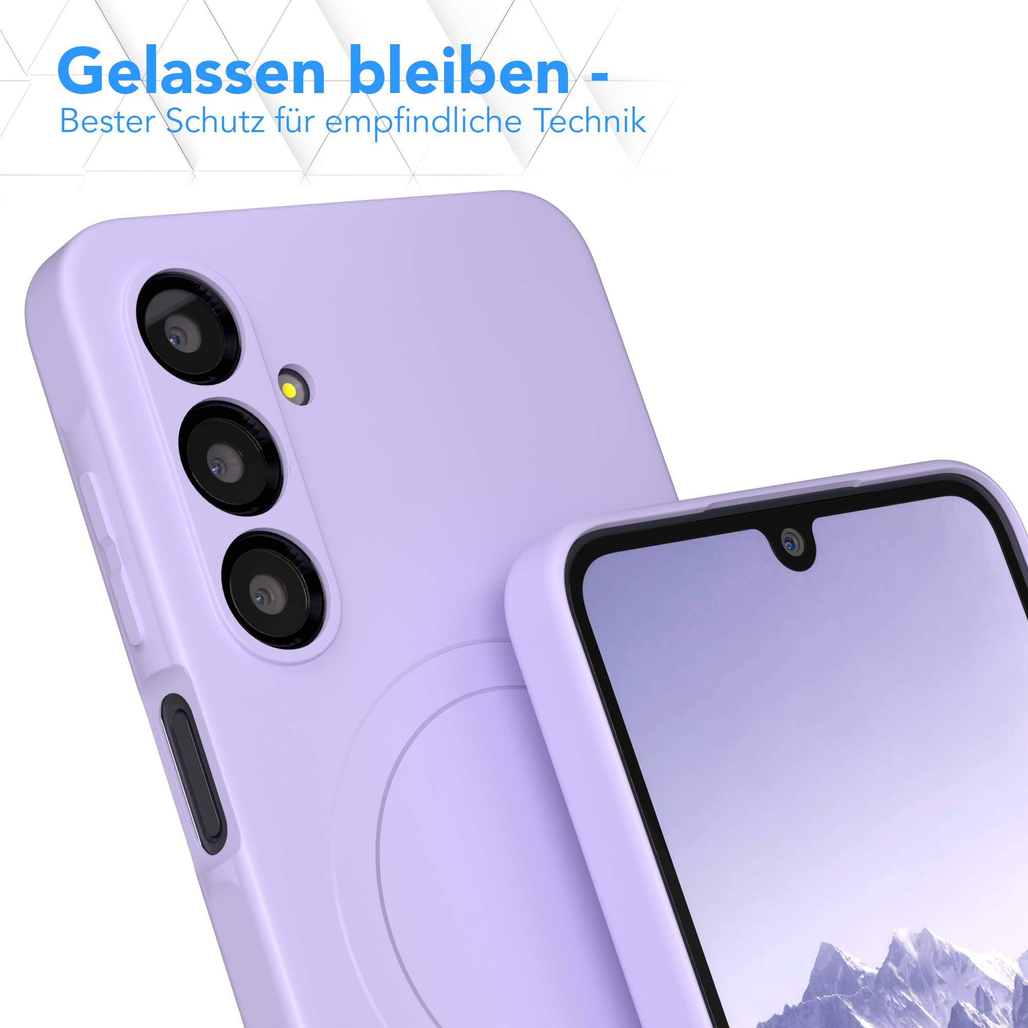 Eine Handyhülle in Lila mit Displayschutzfolie. Text auf Deutsch: 'Gelassen bleiben - Bester Schutz für empfindliche Technik'.