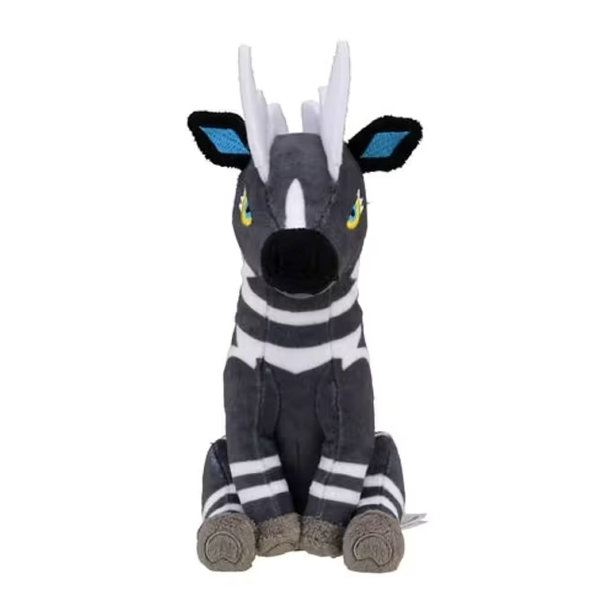 Ein Plüschtier einer zebraartigen Kreatur. Es hat schwarz-weiße Streifen, blaue Ohren und weiße Hörner. Es sitzt.