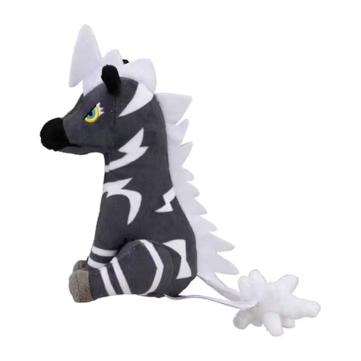 Ein Plüschtier einer zebraartigen Kreatur. Es hat einen grauen Körper mit weißen Markierungen, weiße Mähne und Schwanz sowie eine schwarze Schnauze.