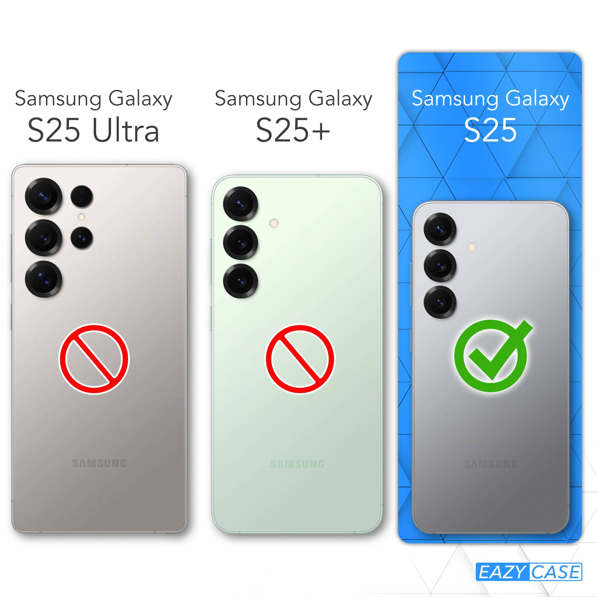 Das Bild zeigt drei Samsung Galaxy S25-Modelle. Das S25 ist zugelassen, das S25 Ultra und S25+ abgelehnt.