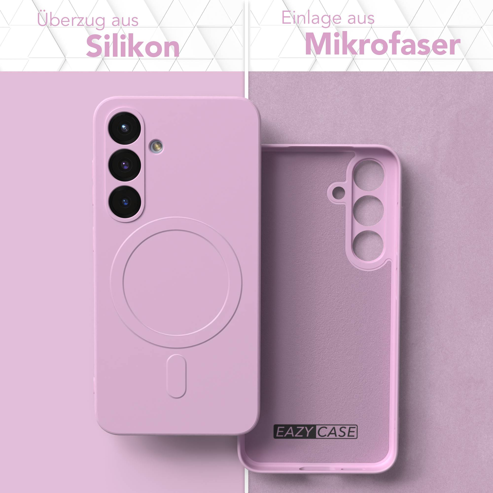 Eine rosa Handyhülle mit passender Innenhülle daneben. Die Hülle besteht aus Silikon und Mikrofaser.