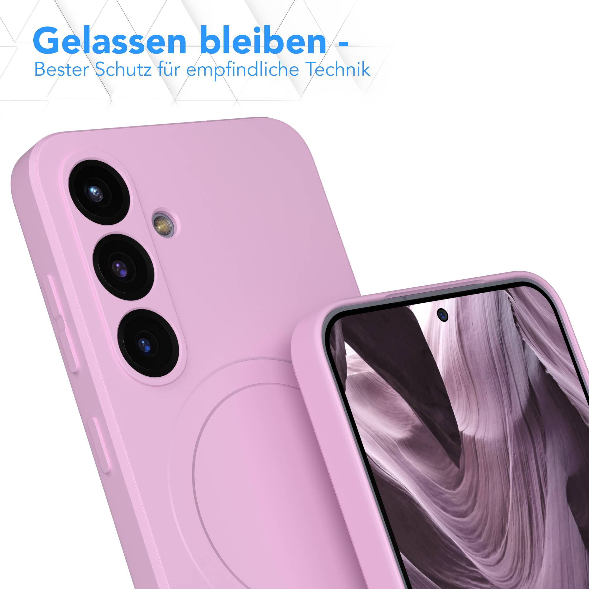 Rosa Handyhülle mit Kameraausschnitten. Ein Telefon ist darin. Text oben: Gelassen bleiben - Bester Schutz für empfindliche Technik.
