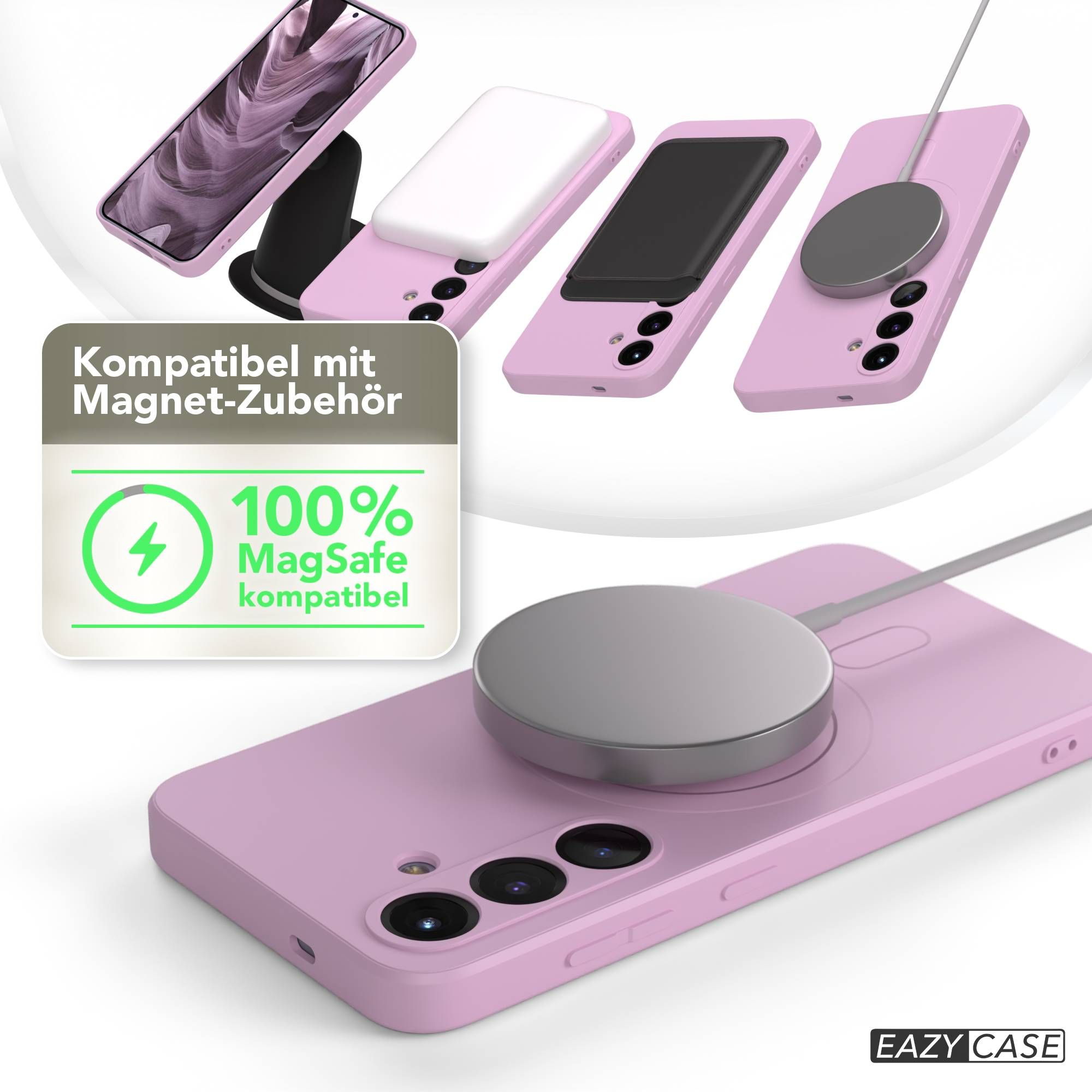 Das Bild zeigt rosa Handyhüllen mit MagSafe-Zubehör, darunter ein Ladepad und ein Telefonständer. Der Text lautet '100% MagSafe-kompatibel'.