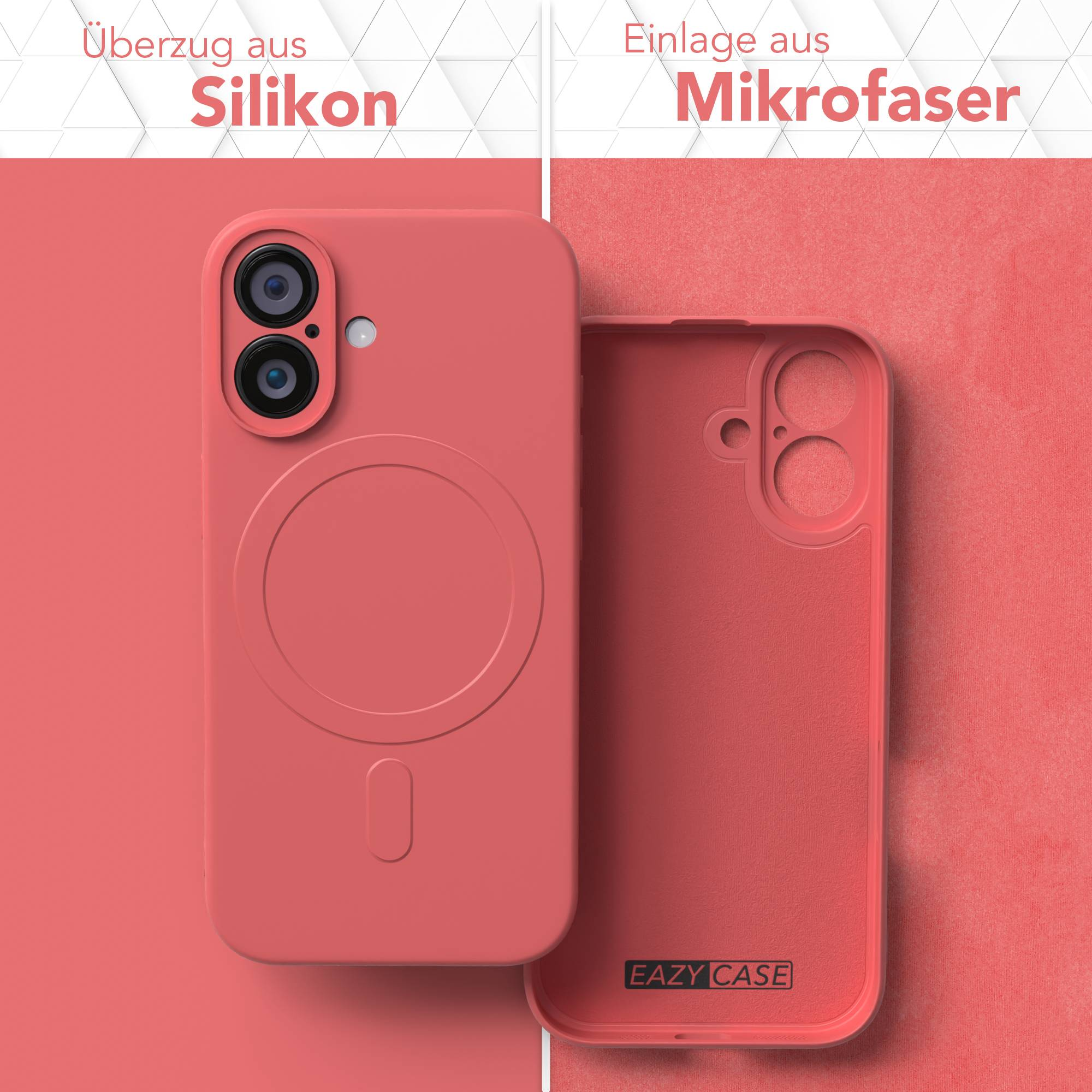 Eine korallenfarbene Handyhülle und ihr Mikrofaser-Innenraum. Text sagt 'Silikon' und 'Mikrofaser'. Ein Logo 'EAZY CASE' ist sichtbar.