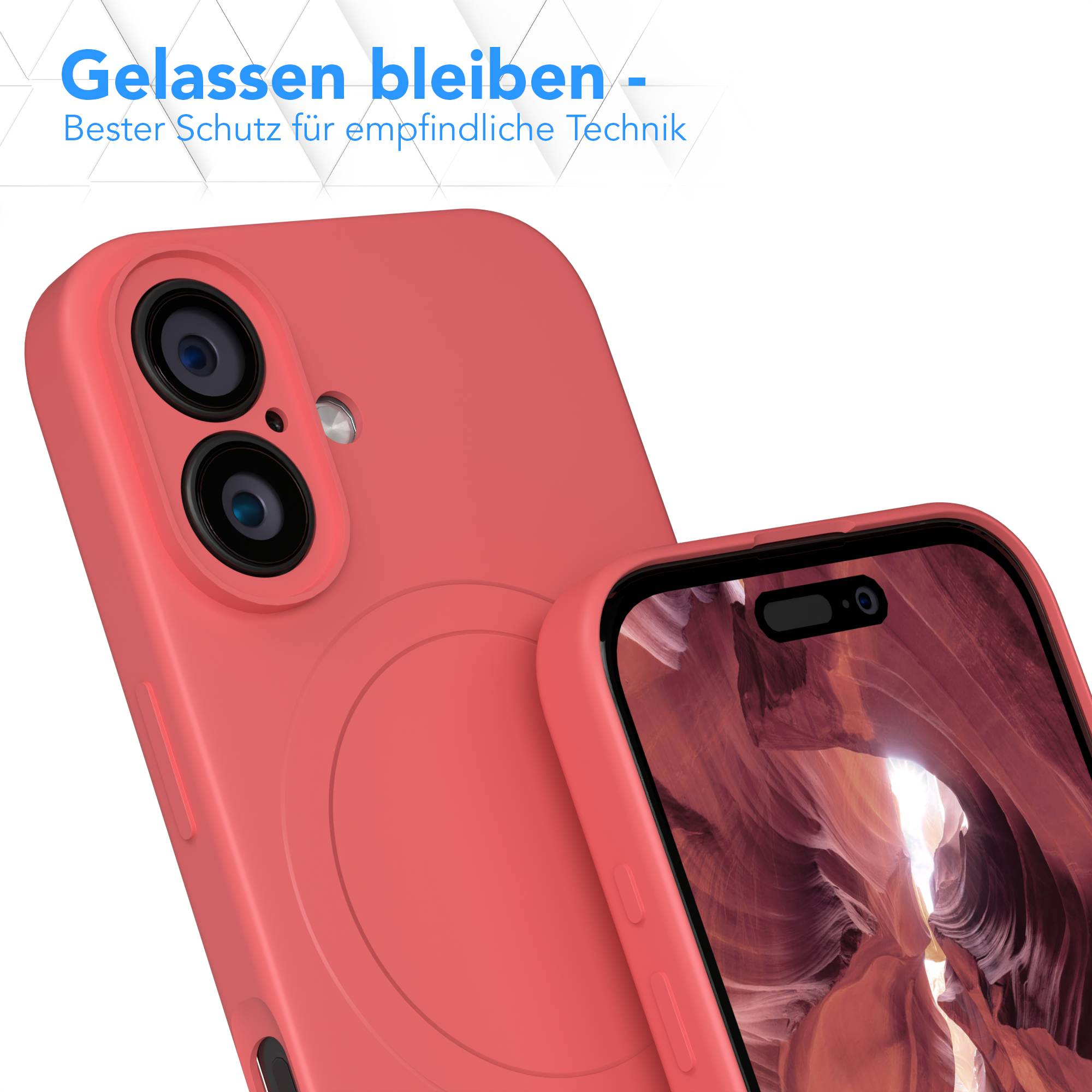 Zwei korallenfarbene Handyhüllen, eine mit einem Telefon darin. Oben steht 'Gelassen bleiben'. Der Bildschirm zeigt eine Schlucht.