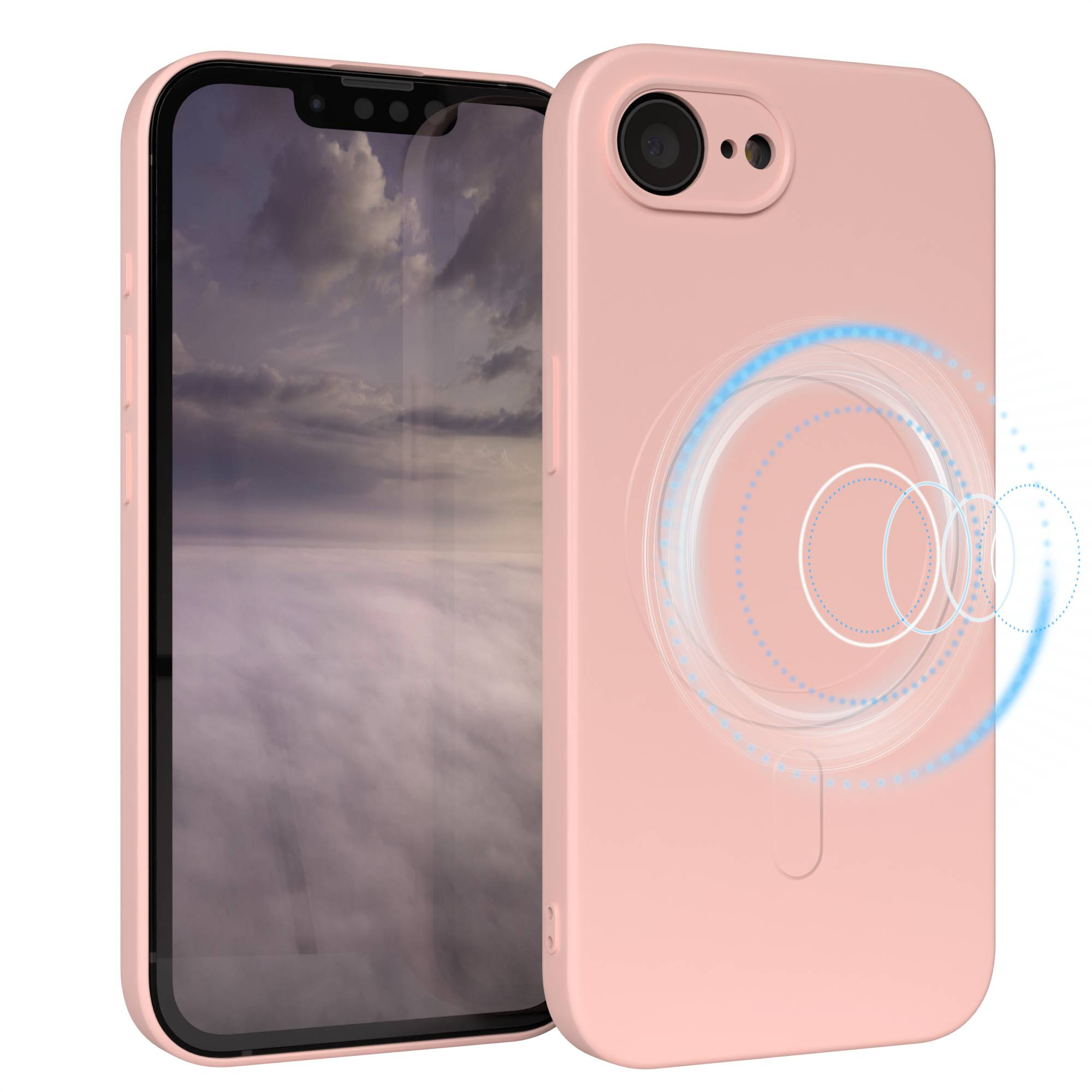 Eine pinkfarbene Handyhülle mit einem Telefon darin. Der Bildschirm zeigt Wolken. Die Hülle hat eine Kamera und ein blaues kreisförmiges Design.