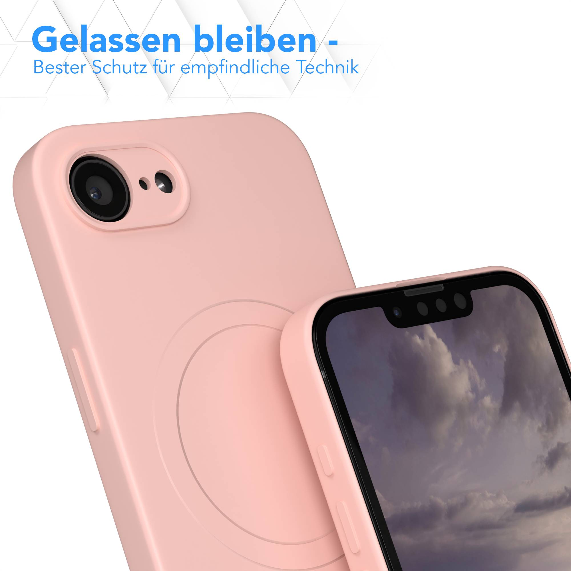 Zwei rosa Handyhüllen. Eine mit einem Telefon darin. Der Text oben lautet "Gelassen bleiben", darunter "Bester Schutz für empfindliche Technik".