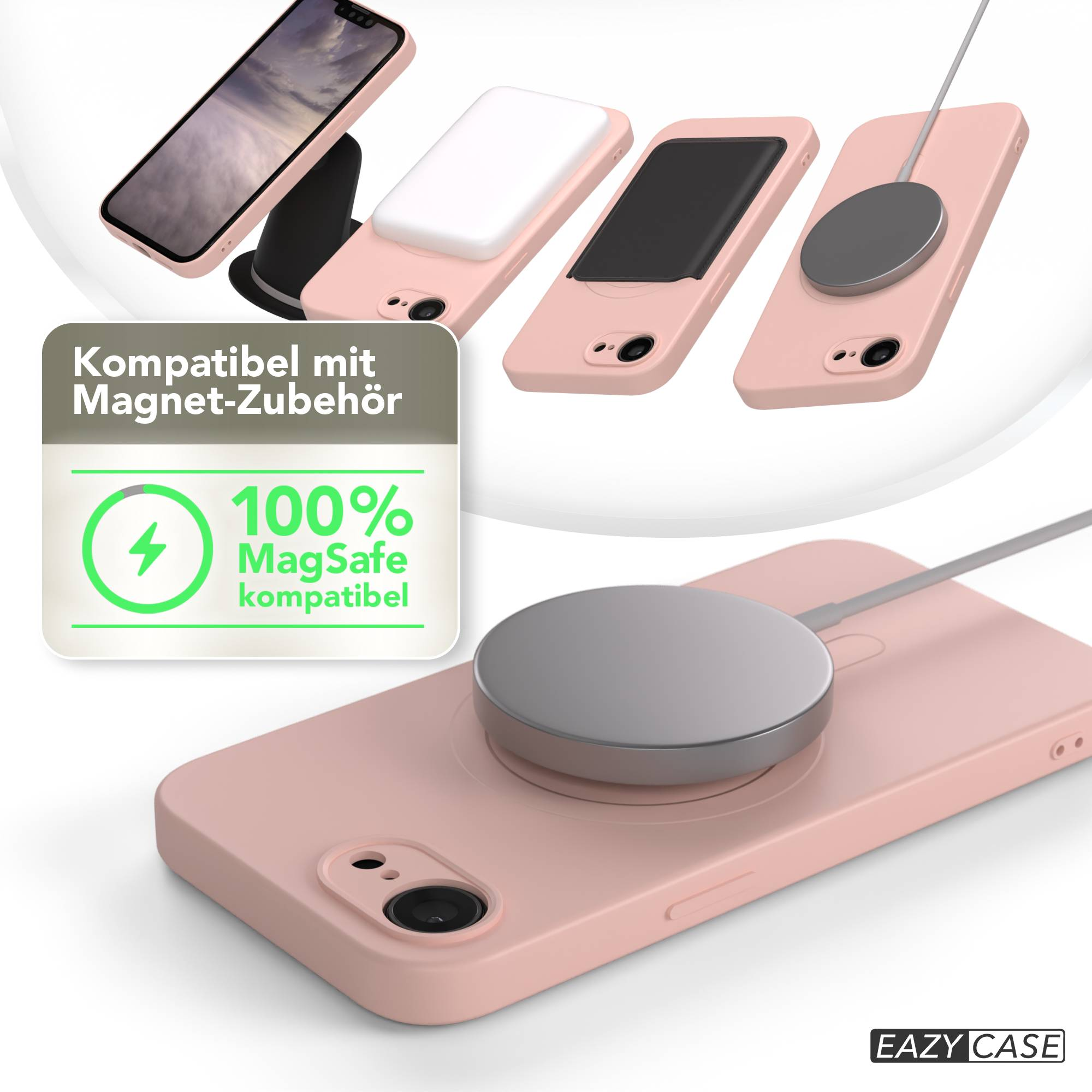 Das Bild zeigt mehrere rosafarbene Handyhüllen mit MagSafe-Ladegeräten. Text: '100% MagSafe-kompatibel'.