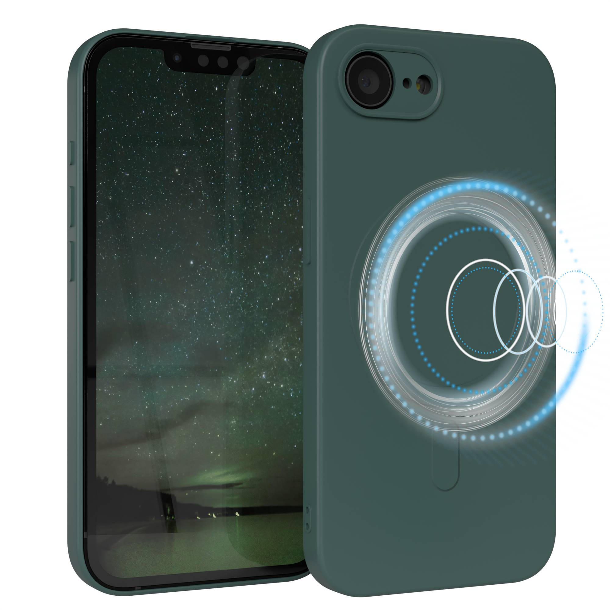Eine grüne Handyhülle mit Handy. Der Bildschirm zeigt Sternennacht. Ein leuchtendes Kreisdesign auf der Hülle.