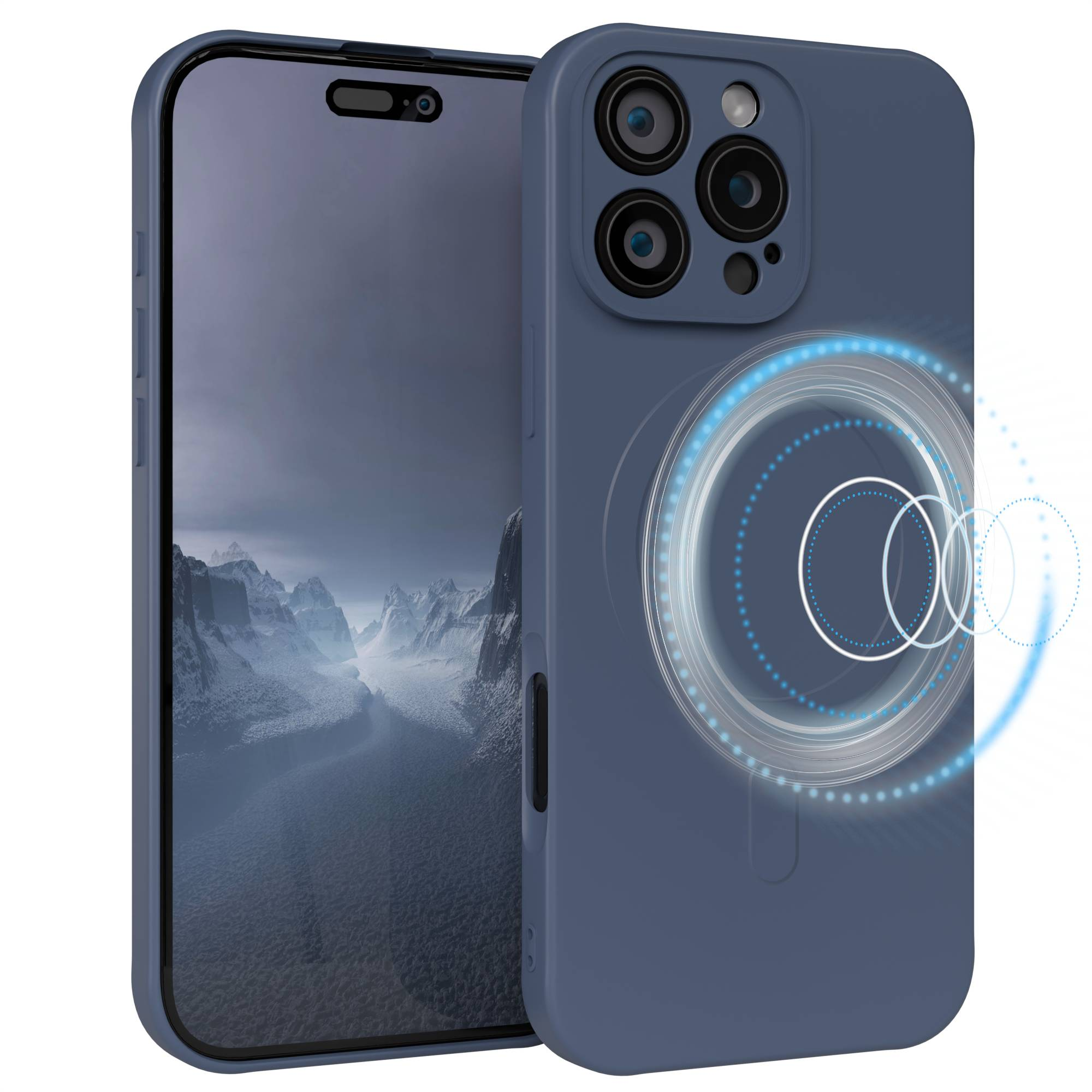 Eine blaue Handyhülle mit drei Kameras. Das Telefon zeigt eine Berglandschaft. Ein leuchtender Kreis befindet sich auf der Hülle.