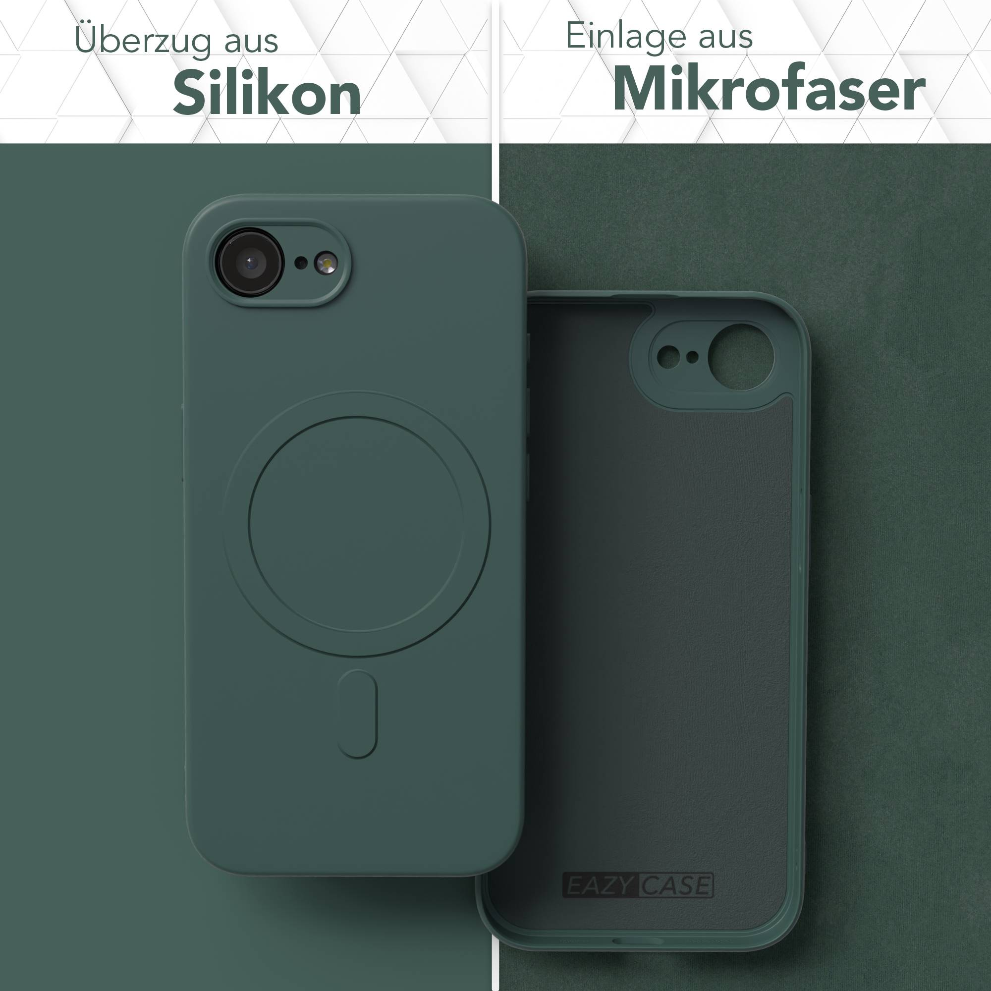 Offene grüne Handyhülle. Links die Silikon-Außenschale, rechts das Mikrofaser-Innenteil.