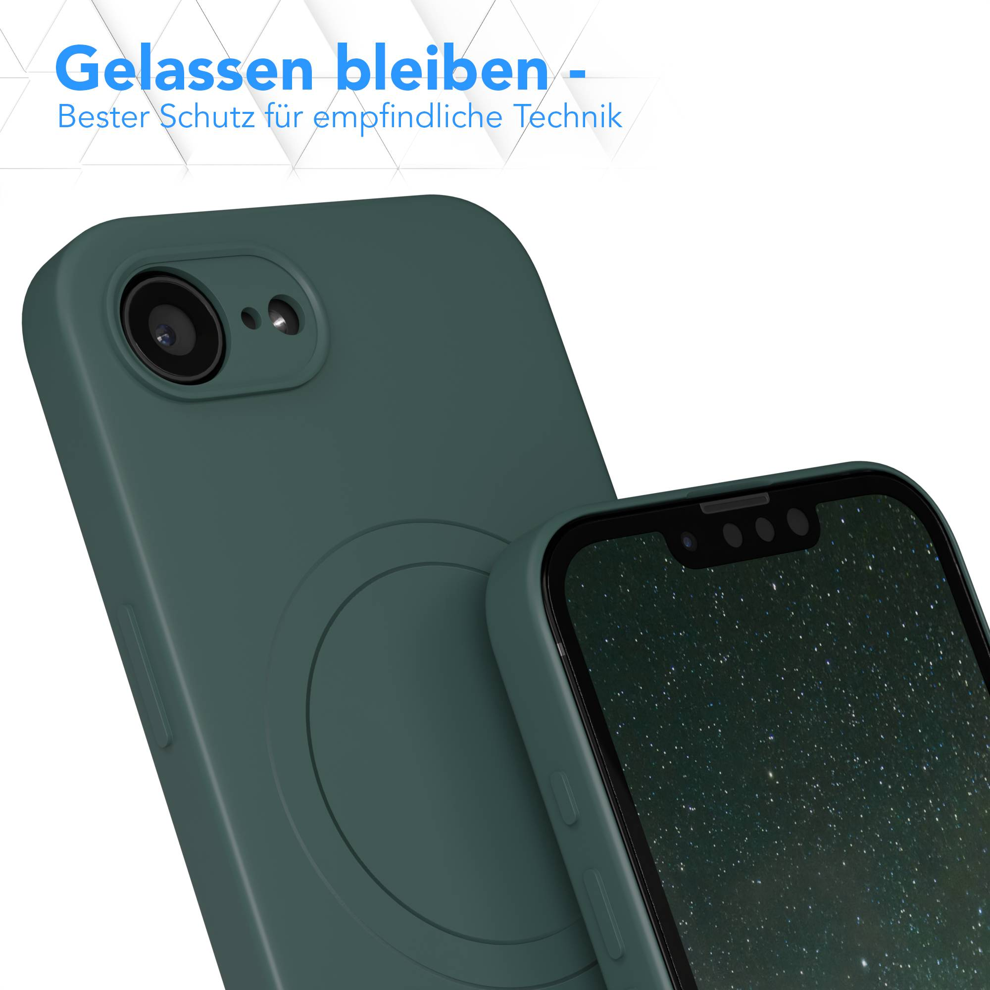 Zwei grüne Handyhüllen, eine bedeckt ein Telefon mit Sternenhimmel-Display. Text auf Deutsch: 'Gelassen bleiben - Bester Schutz für empfindliche Technik'.