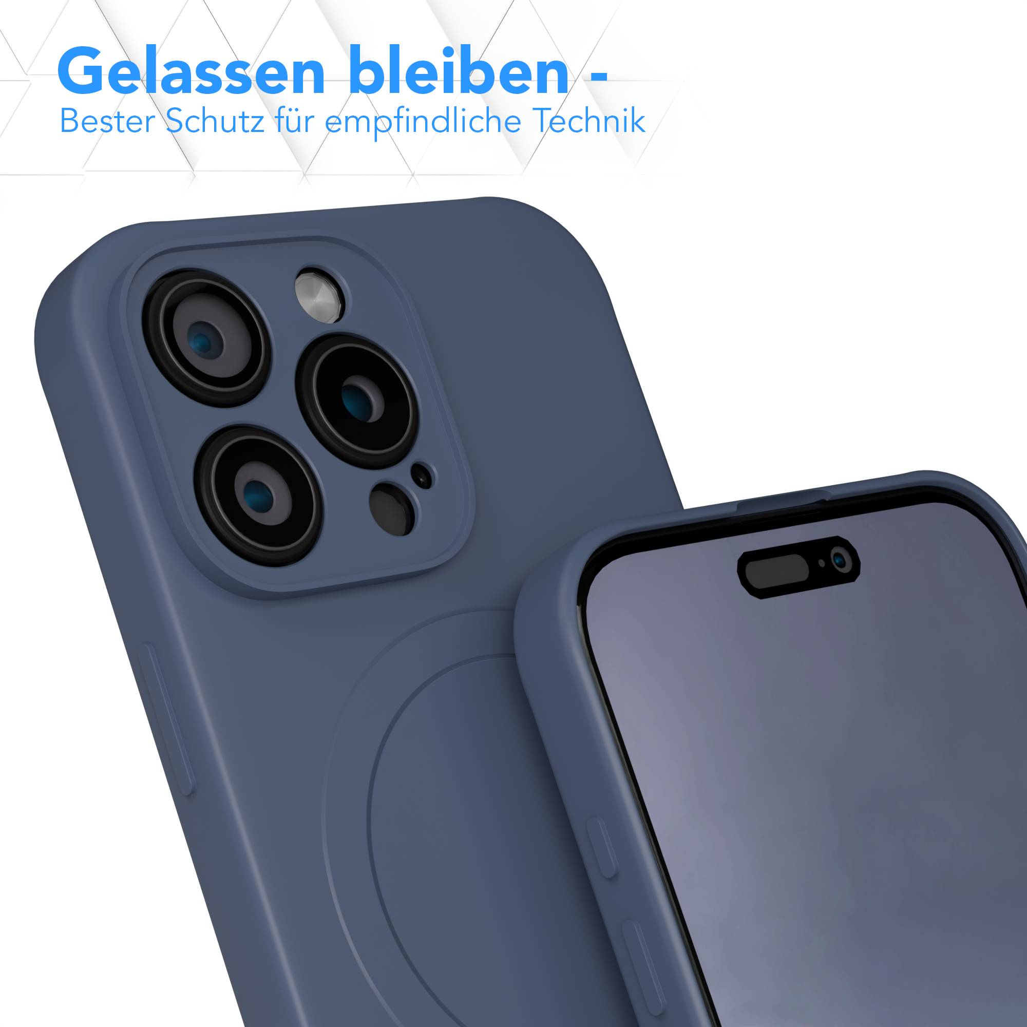 Blaue Handyhülle mit mehreren Kameralinsen. Auf der rechten Seite ist ein Displayschutz sichtbar. Text: Gelassen bleiben.