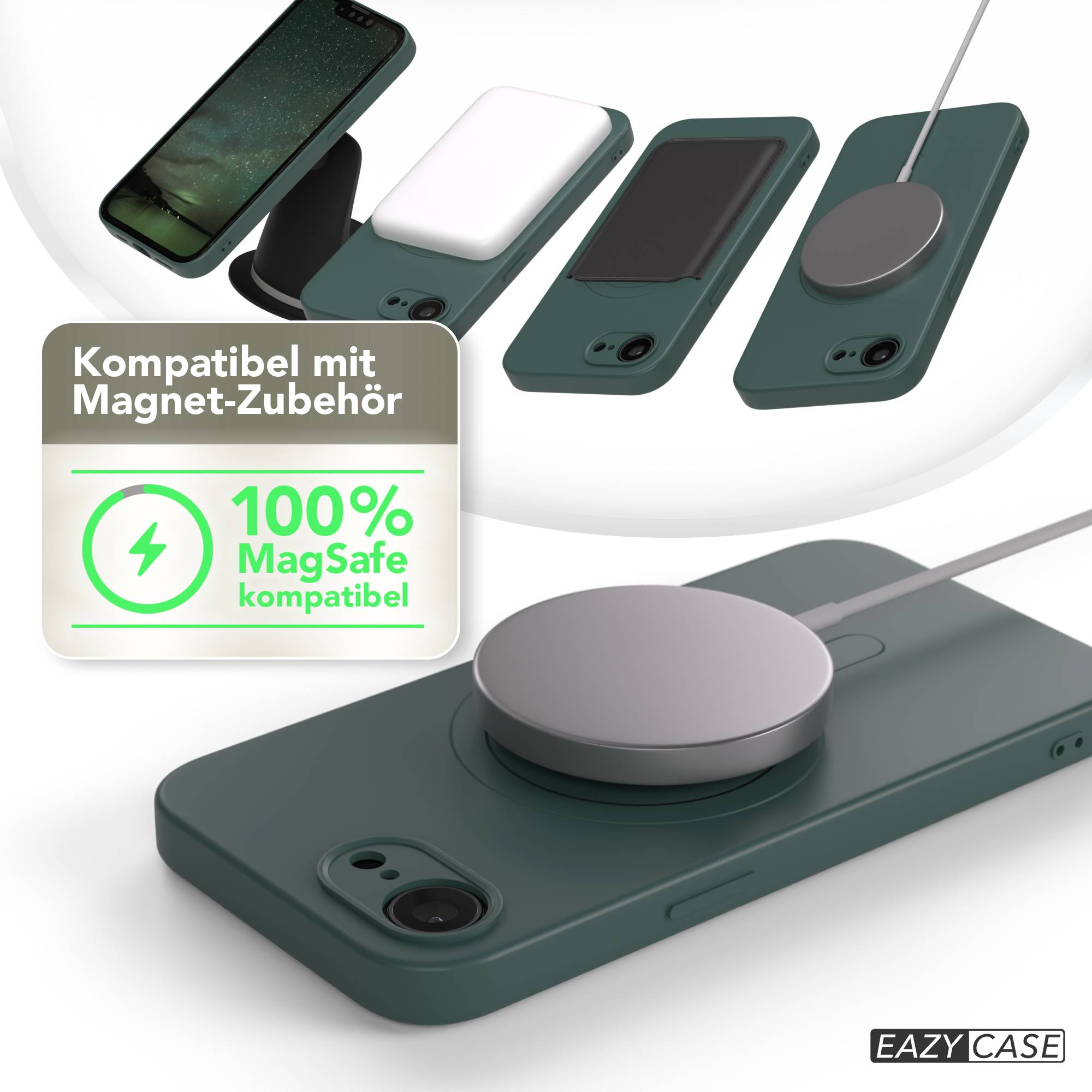 Das Bild zeigt Handyhüllen mit Zubehör, einschließlich eines kabellosen Ladegeräts. Text hebt die MagSafe-Kompatibilität hervor.