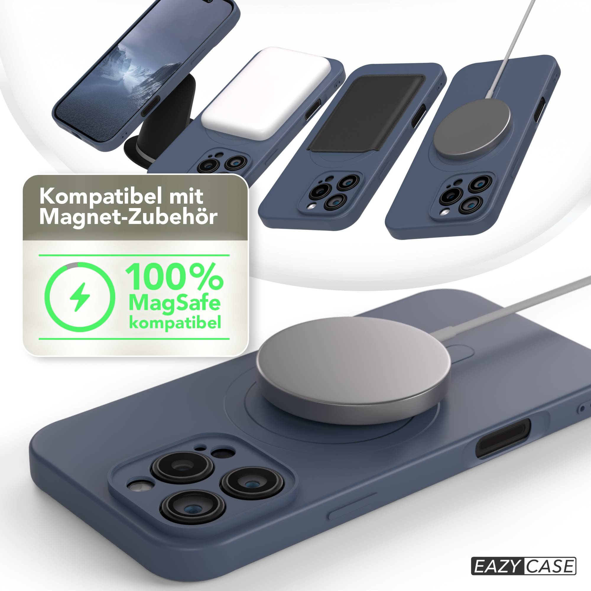Bild zeigt Handyhüllen mit MagSafe-Zubehör. Die Hüllen sind blau, mit einem Ladepad. Text hebt die MagSafe-Kompatibilität hervor.