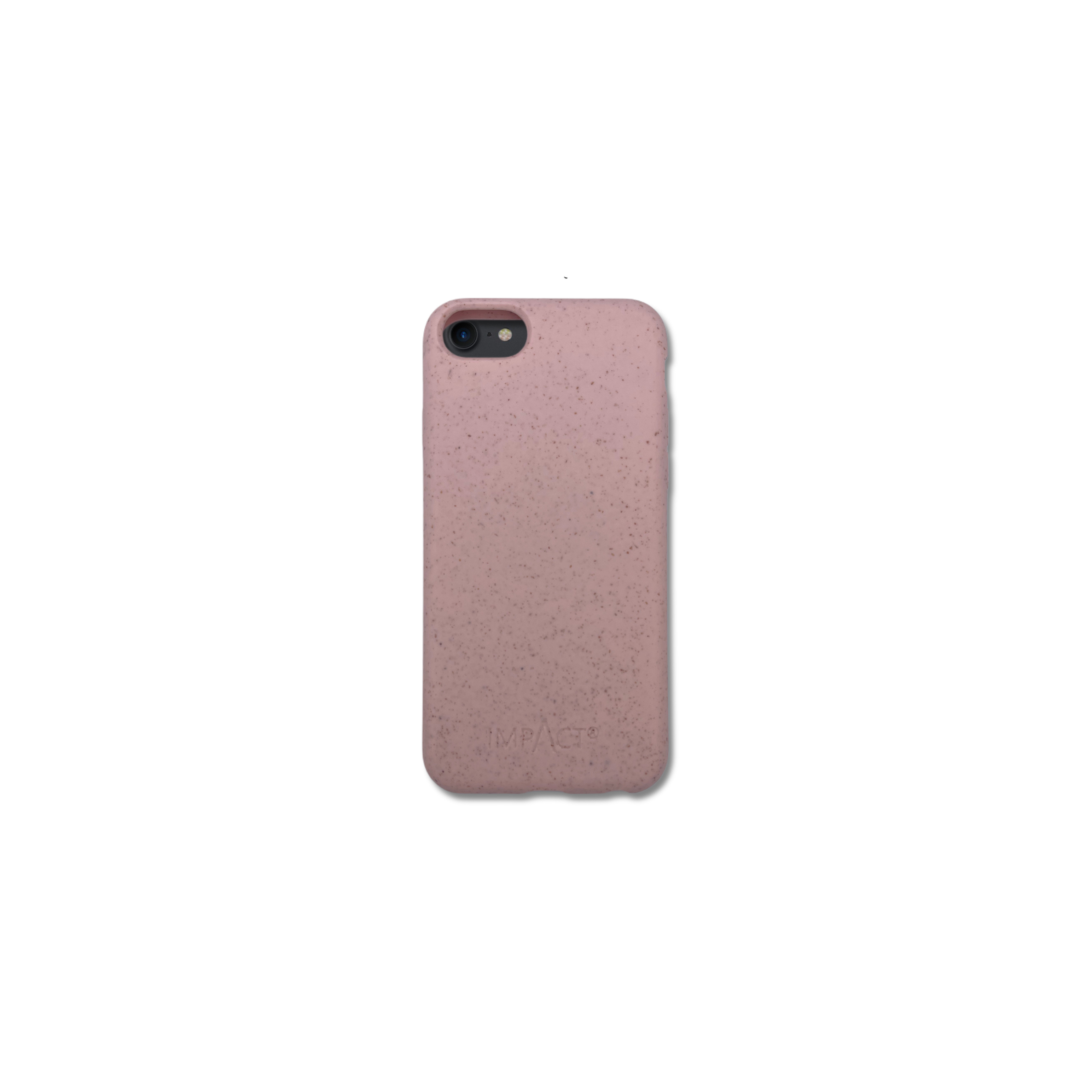 Una custodia per telefono rosa chiaro con una trama maculata e un'area scura per l'obiettivo della fotocamera. Il marchio IMPACT è stampato in basso.