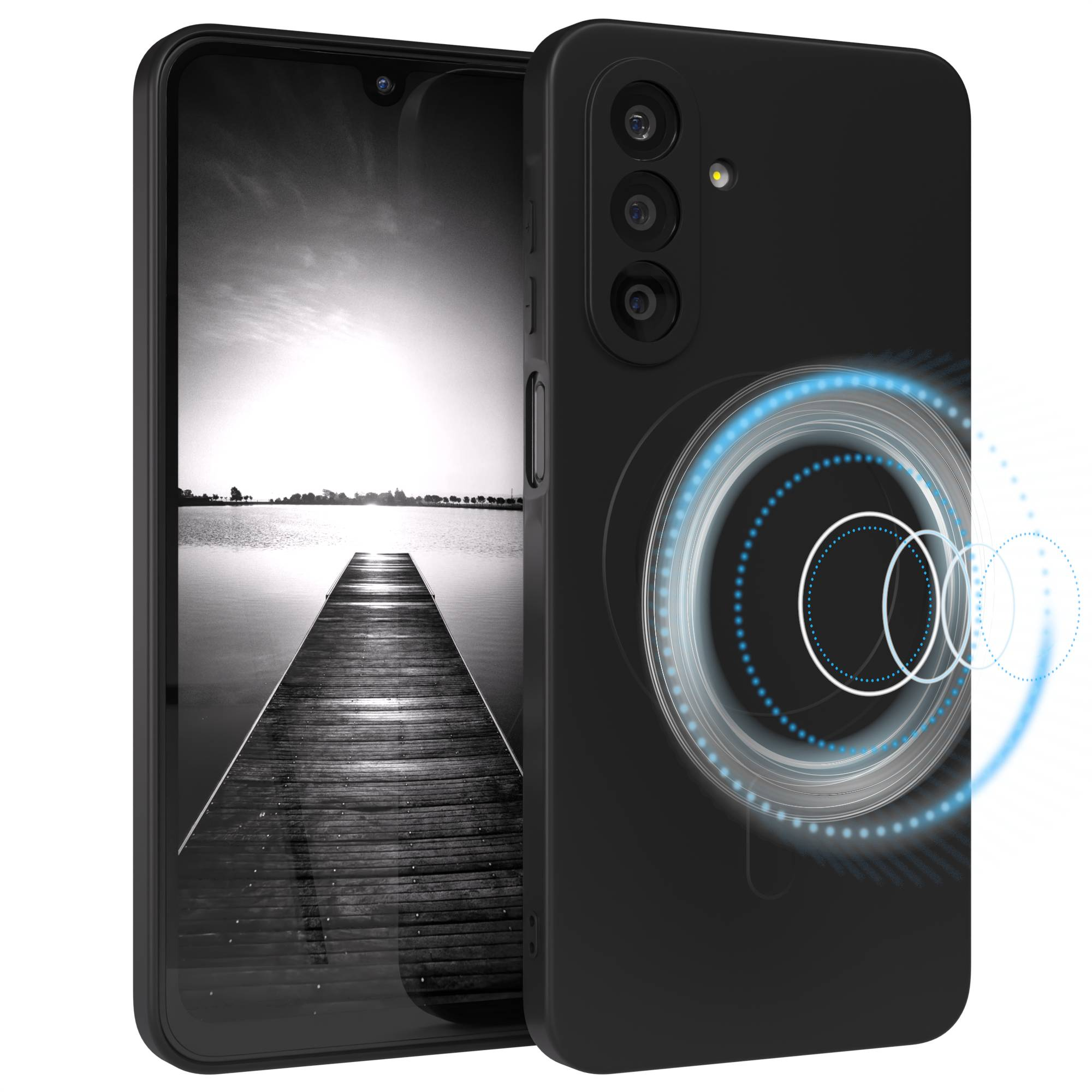 Eine schwarze Smartphone-Hülle mit Design und ein Telefon, das eine Graustufen-Seelandschaft und einen Holzsteg zeigt.