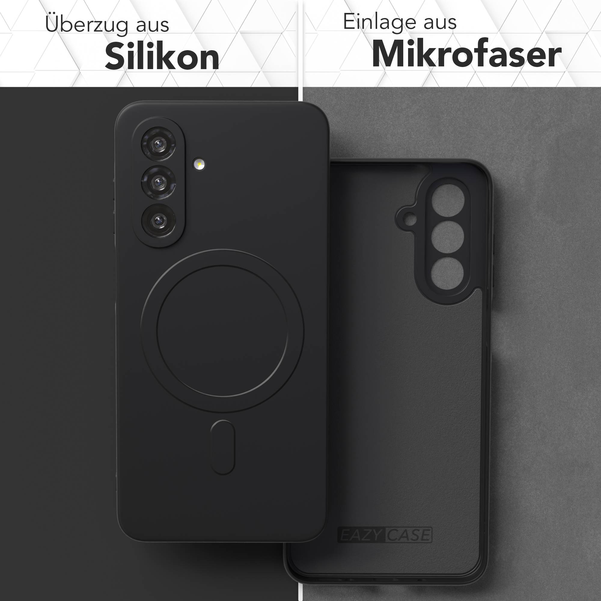 Schwarze Handyhülle mit drei Kameras und rundem Design, neben einer Mikrofaserhülle. Der Hintergrund ist zweigeteilt in Grautönen.