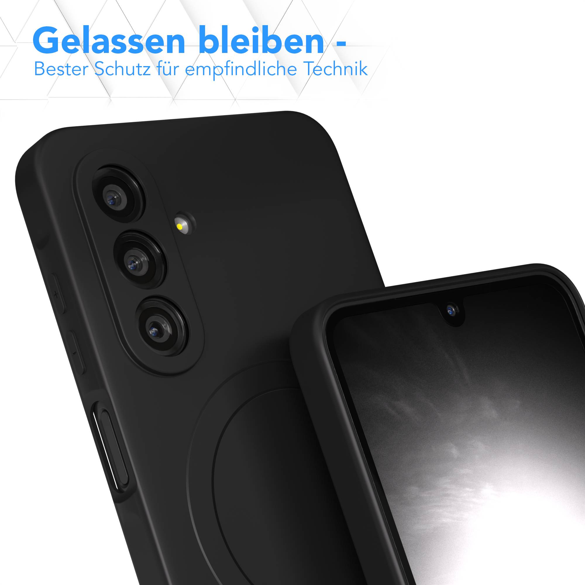 Schwarze Smartphone-Hülle mit einem Telefon darin. Die Hülle hat mehrere Kameralinsen. Der Text oben lautet 'Gelassen bleiben'.