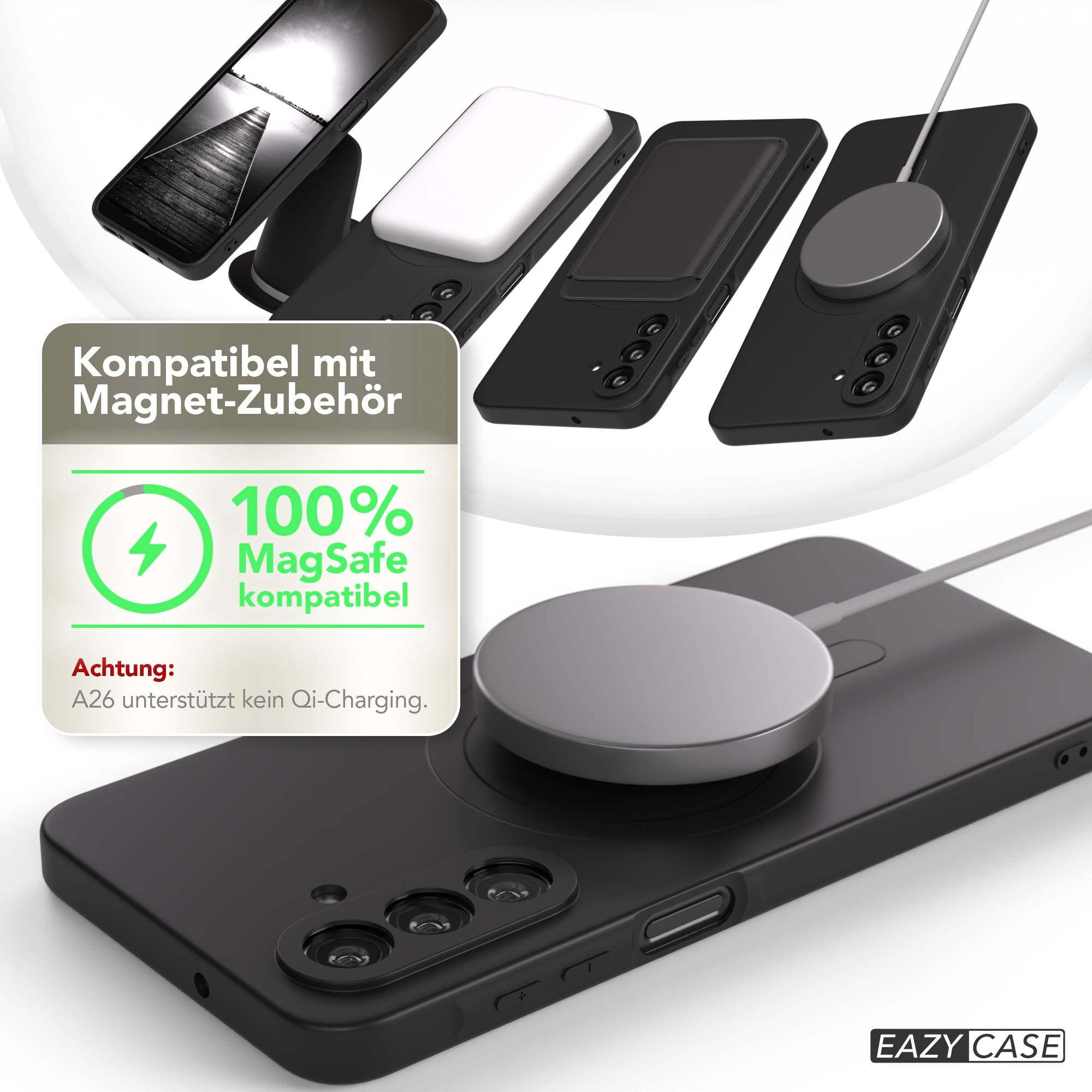 Schwarze Handyhüllen mit MagSafe-Zubehör werden angezeigt. Das Bild enthält ein Ladepad und ein Kompatibilitätslogo mit Text.