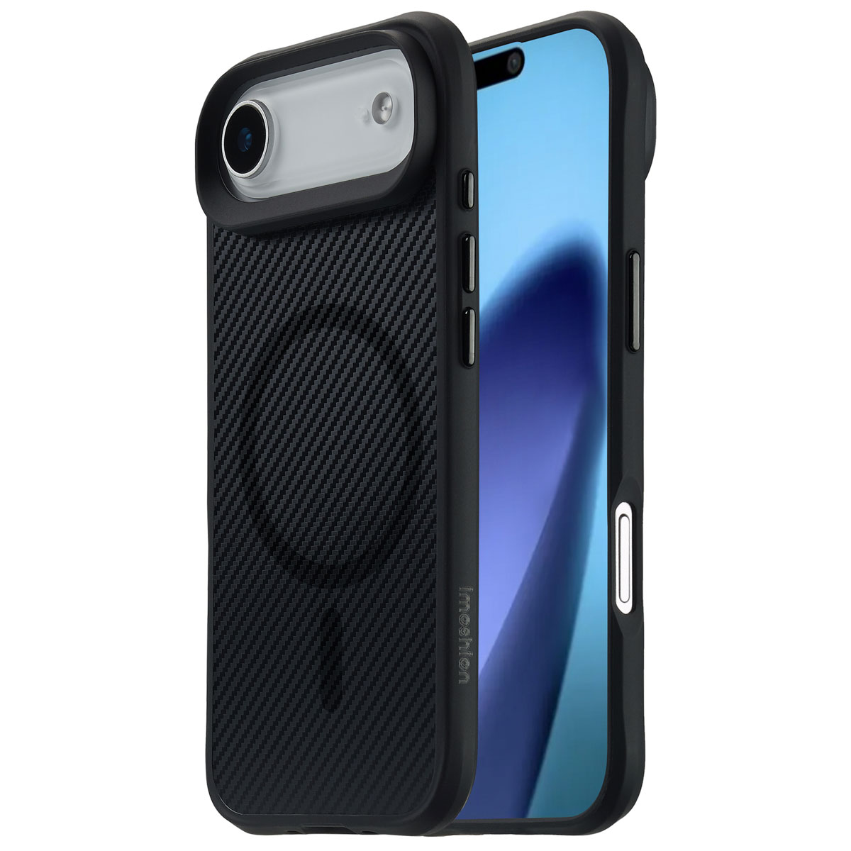 Coque de téléphone noire avec une texture en fibre de carbone, contenant un téléphone avec un écran bleu. La coque a une découpe pour l'appareil photo.