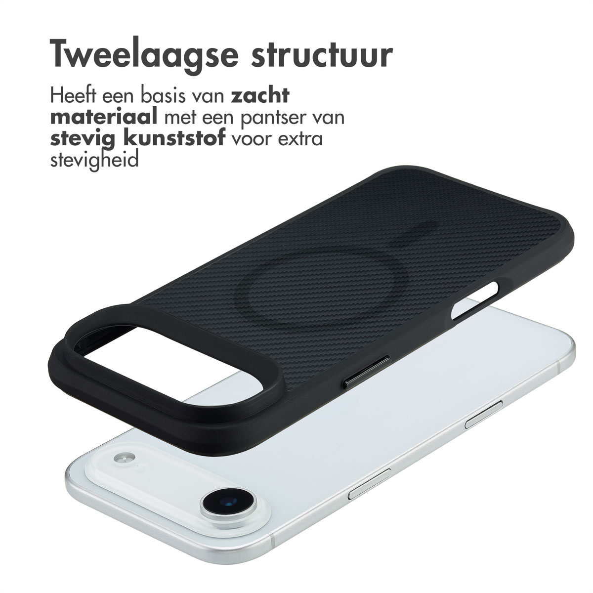 Un étui de téléphone noir est soulevé au-dessus d'un téléphone argenté. Le texte décrit la structure à deux couches de l'étui pour plus de résistance.