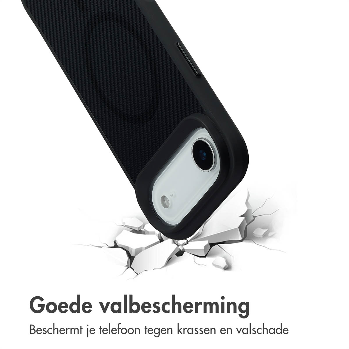 Coque de téléphone noire avec appareil photo, sol fissuré en dessous. Texte : 'Bonne protection contre les chutes' et 'Protège votre téléphone des rayures'.