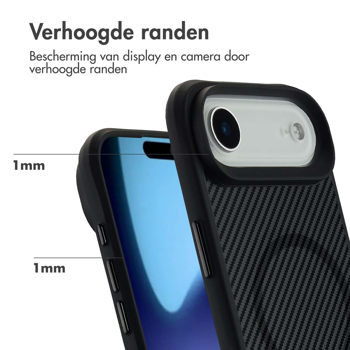 Gros plan sur une coque de téléphone. La coque a des bords surélevés pour la protection de l'écran et de la caméra. Le fond est blanc.