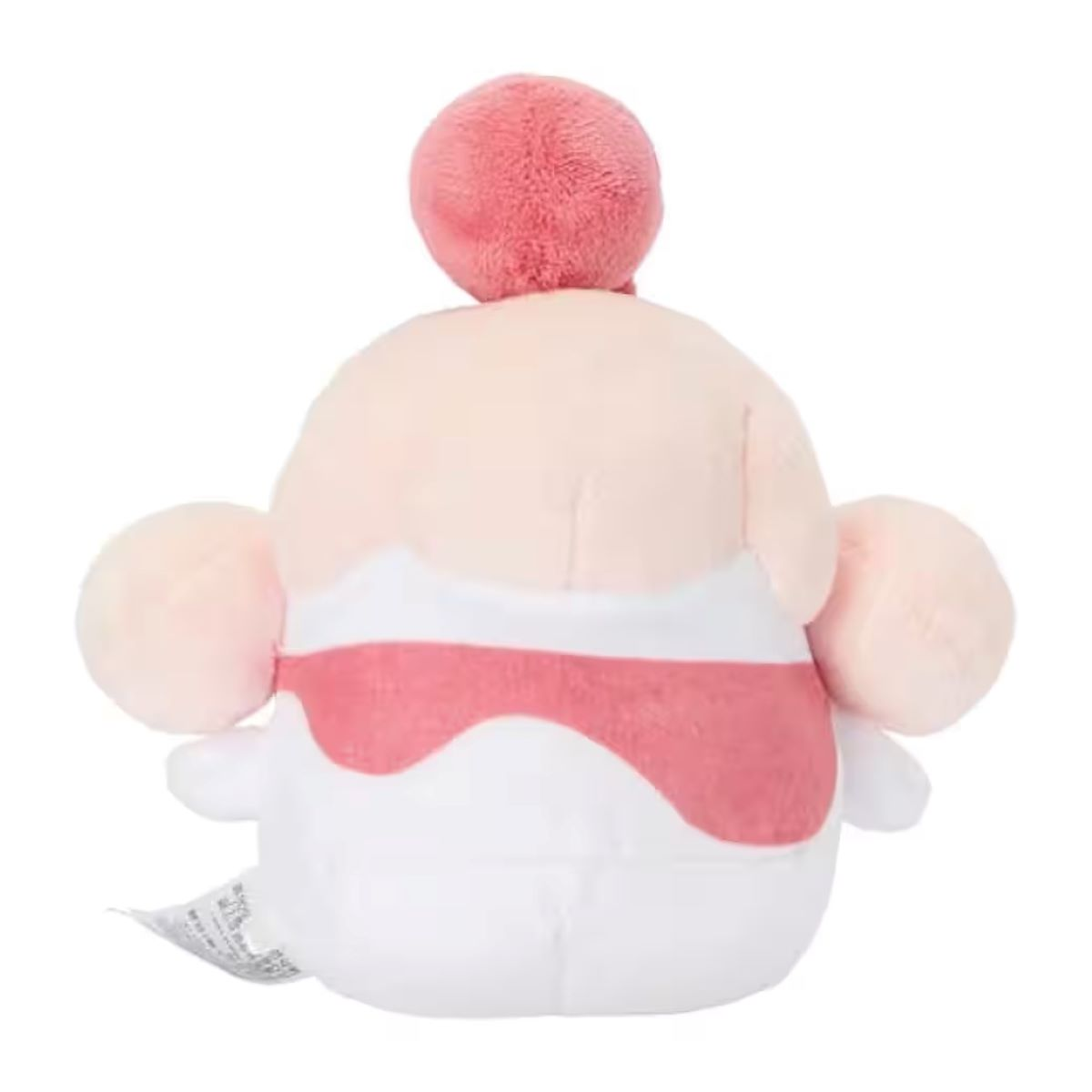 Ein Plüschtier in Form eines Desserts. Es hat einen rosa Pompon, rosa Arme und einen weißen, rosa und hellrosa Körper.