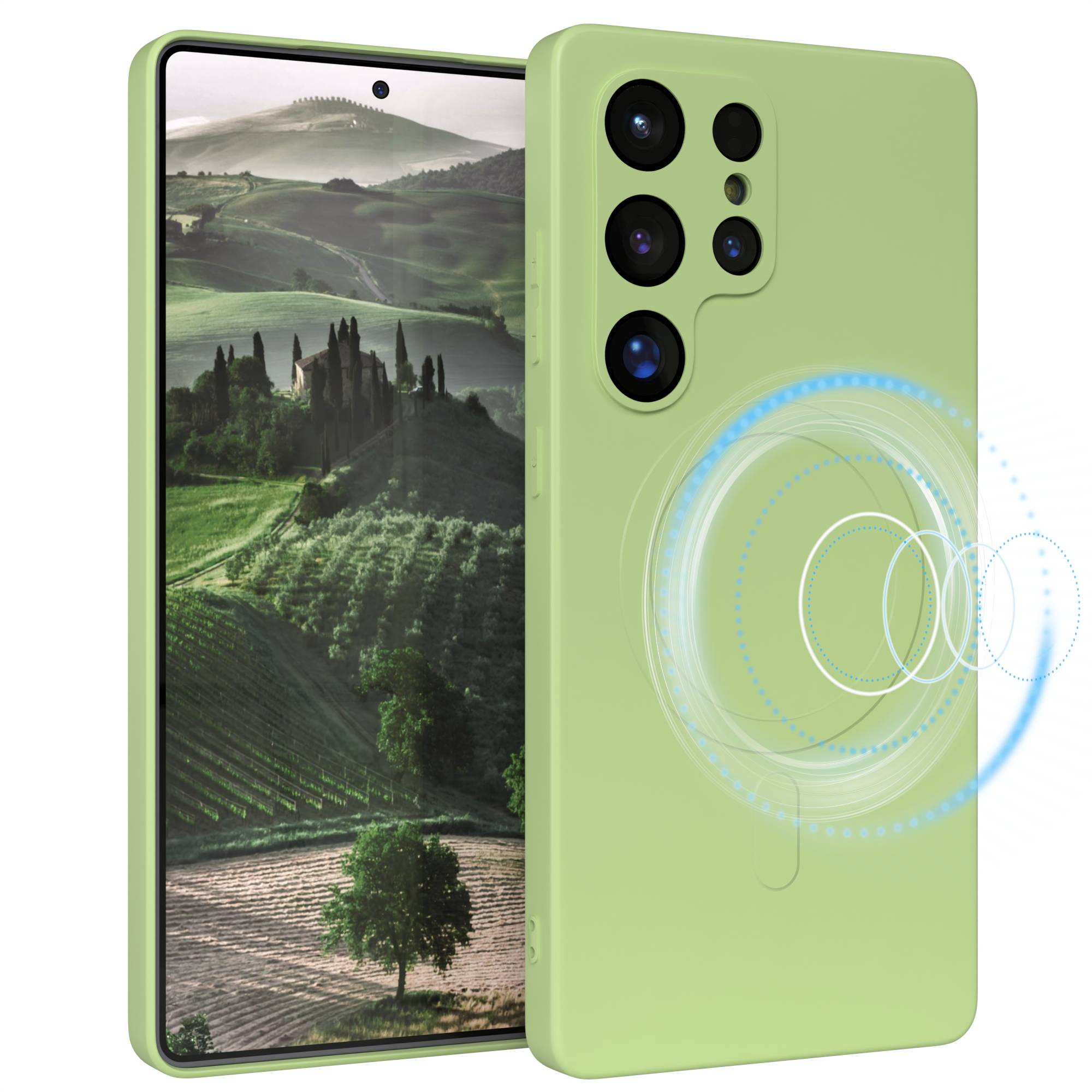 Telefon mit grüner Hülle, der Bildschirm zeigt eine Landschaft mit Hügeln und Bäumen. Die Hülle hat mehrere Kameralinsen.