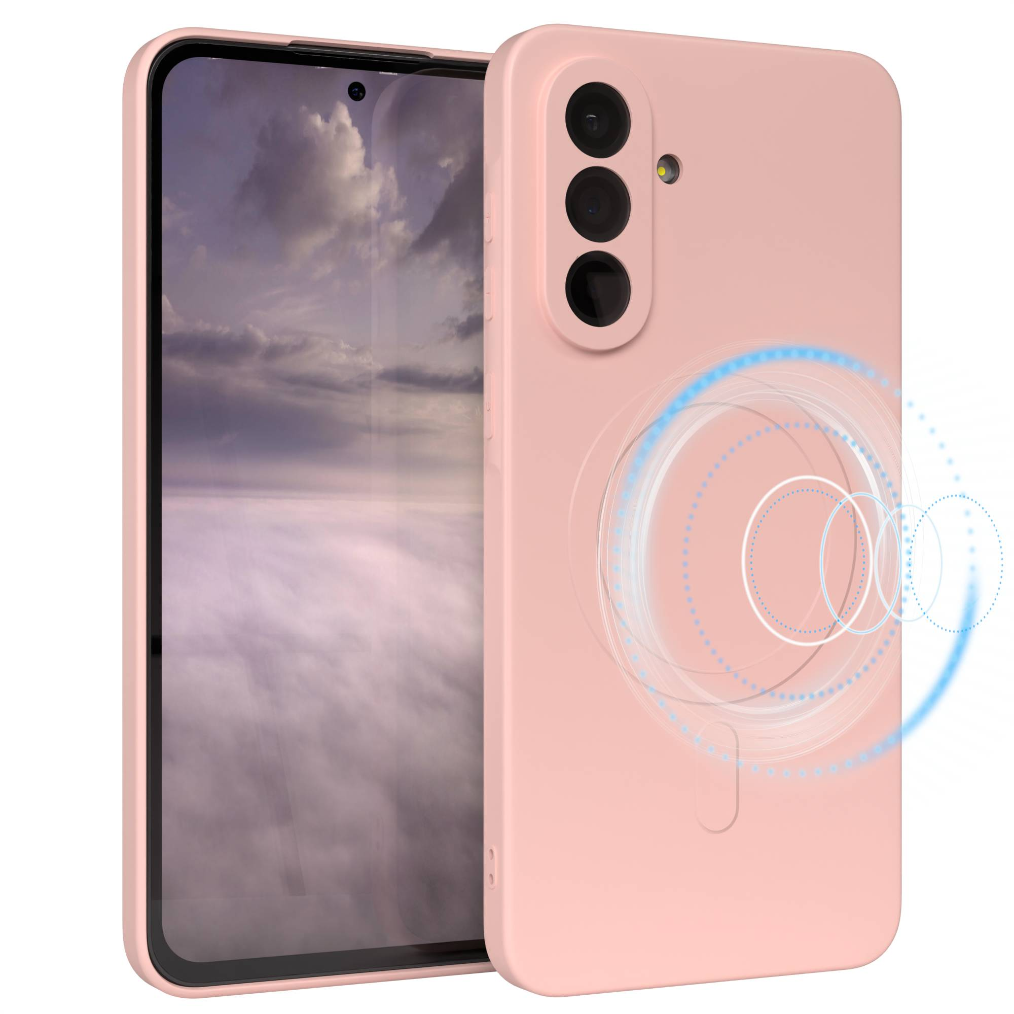 Eine hellrosa Handyhülle mit einem Telefon darin. Der Hintergrund zeigt einen bewölkten Himmel. Auf der Hülle befindet sich ein blaues Kreisdesign.