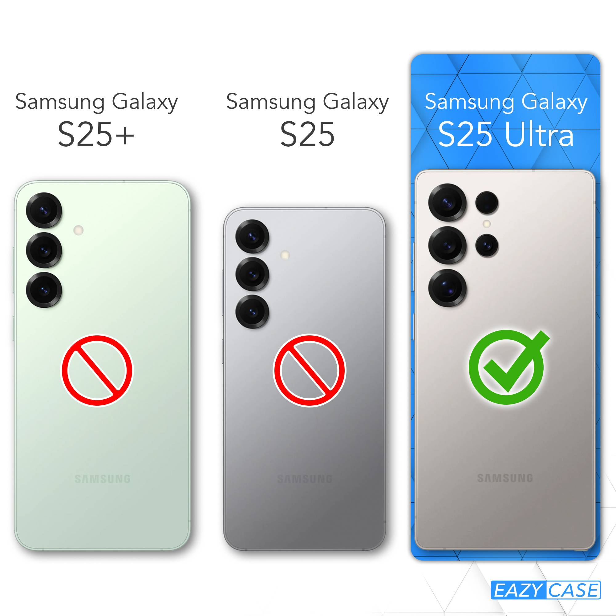 Das Bild zeigt drei Samsung Galaxy-Telefone. S25+ und S25 haben Verbotszeichen. S25 Ultra hat ein grünes Häkchen.