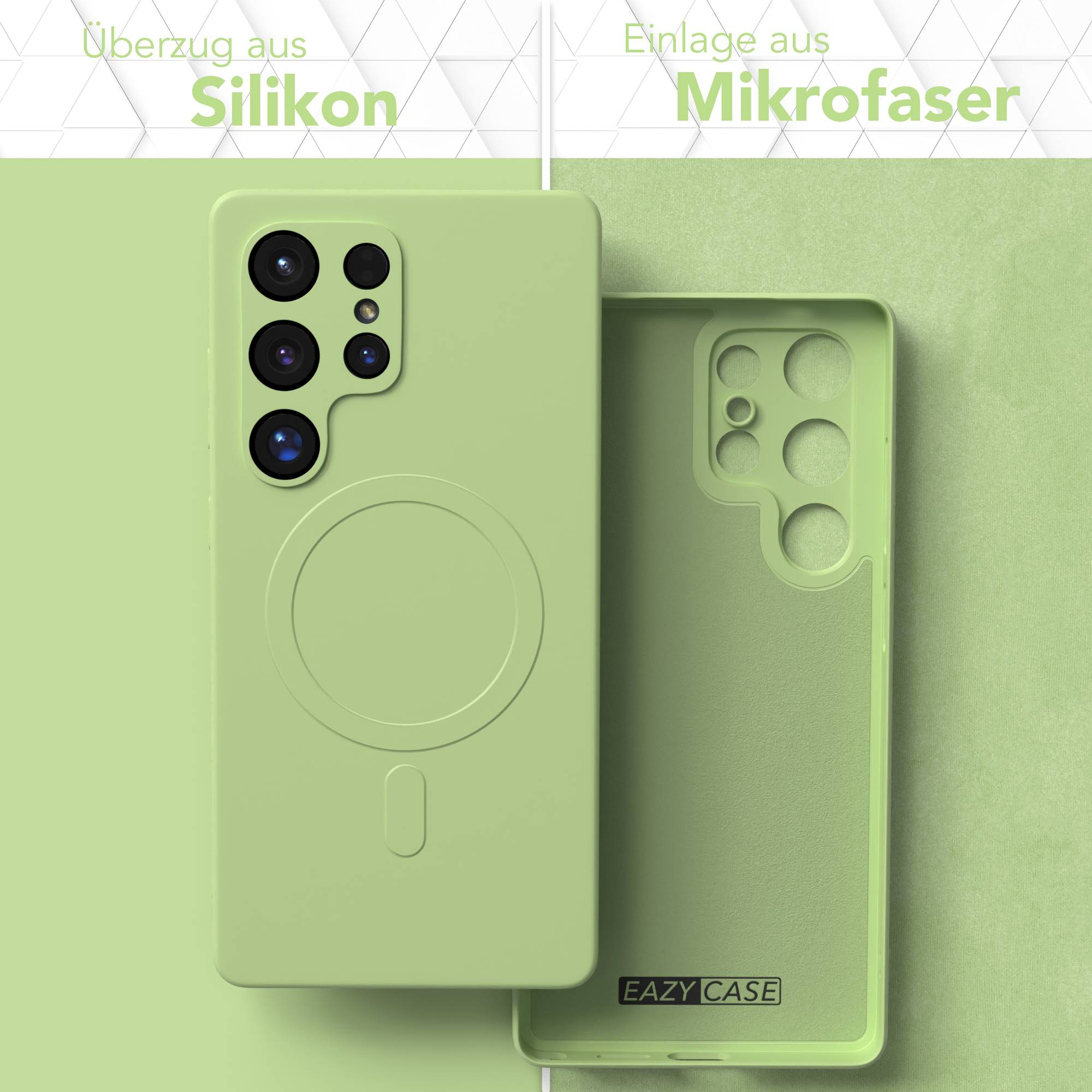 Eine hellgrüne Handyhülle und ihr Mikrofaser-Innenraum. Die Hülle ist mit 'EAZY CASE' beschriftet.