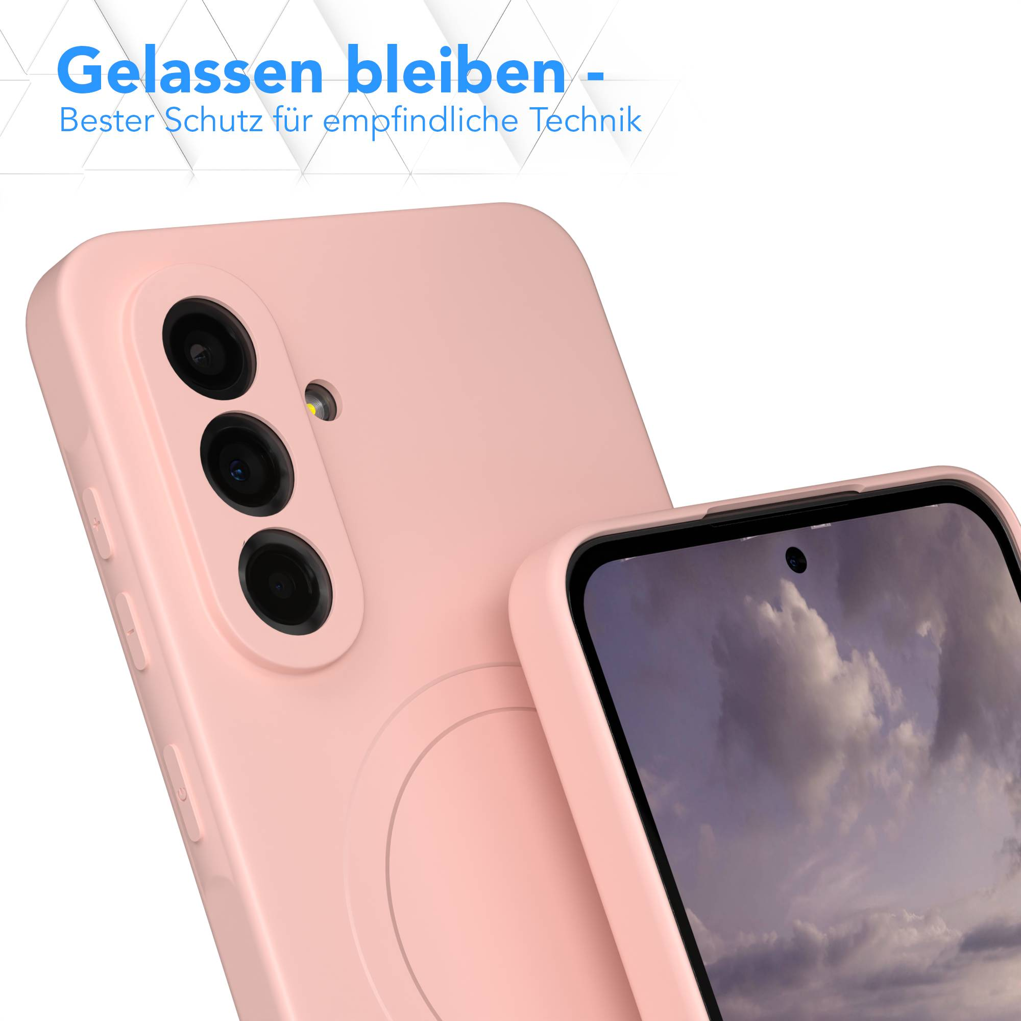 Rosa Handyhülle mit drei Kameralinsen. Ein zweiter Telefonbildschirm zeigt Wolken. Der Text oben lautet „Gelassen bleiben“.
