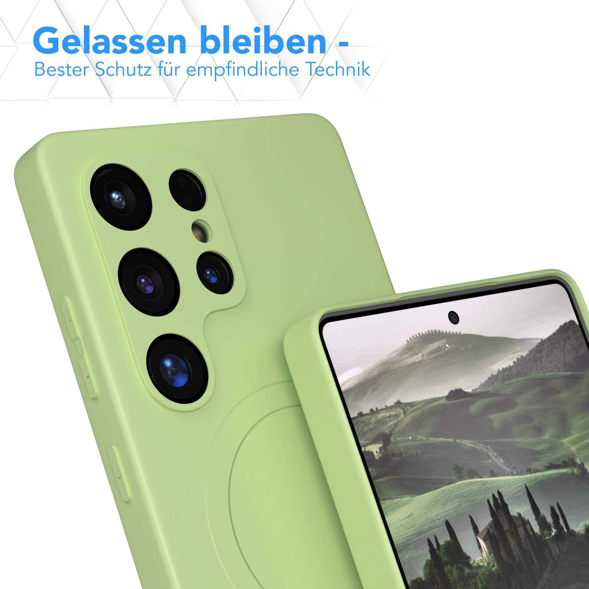 Eine grüne Handyhülle mit einem Handy, das mehrere Kameralinsen hat. Der Bildschirm zeigt eine Landschaft.